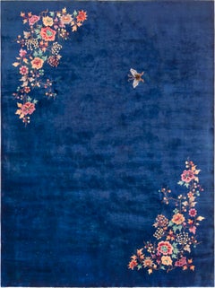 Vibrant Blue Antique Art Deco Chinese Floral Area Rug 8'7" x 11'2"