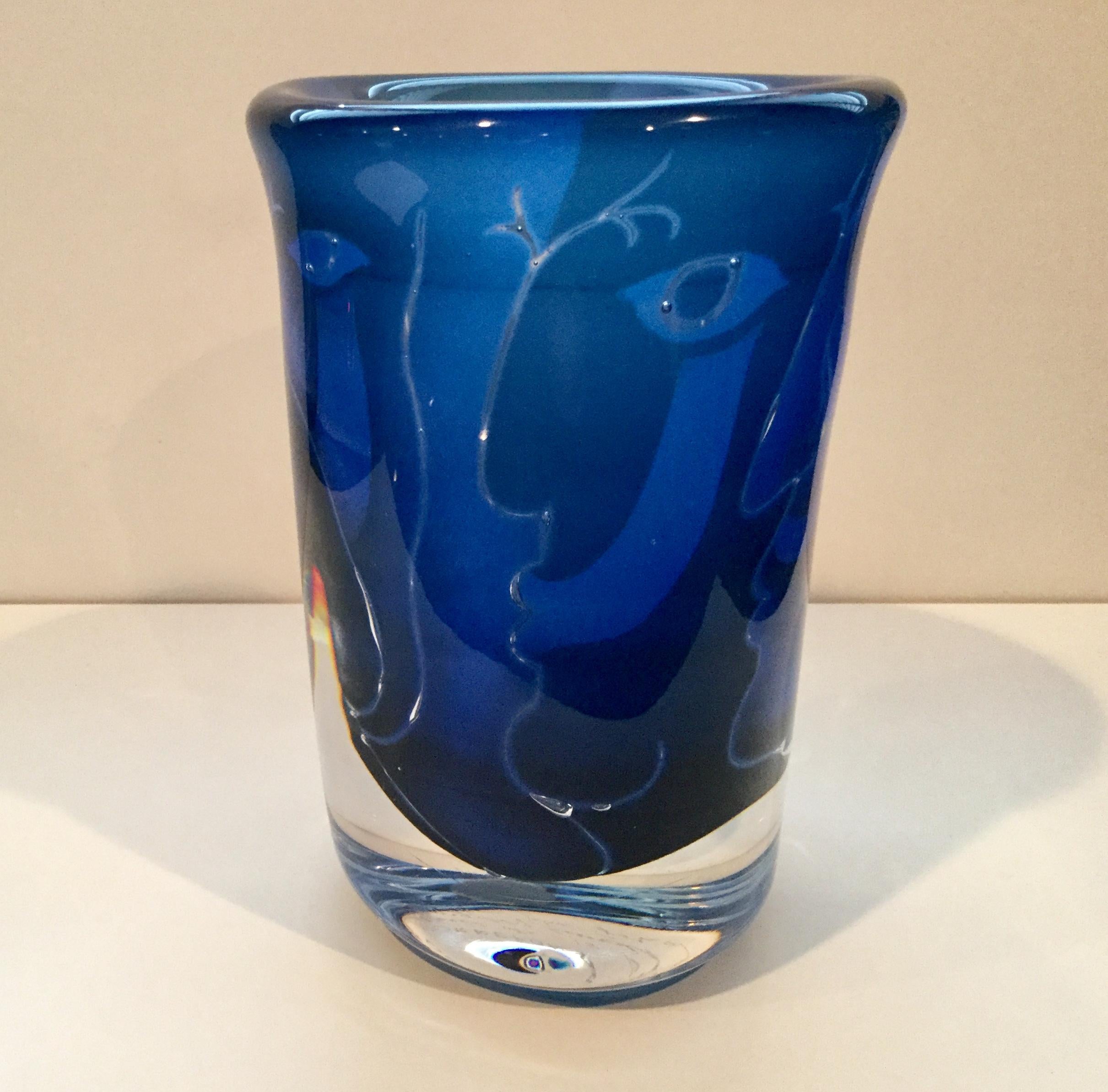 Mid-Century Modern Vibrant Blue Faces Vase by Ingeborg Lundin for Orrefors