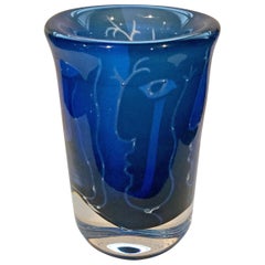 Vibrant Blue Faces Vase by Ingeborg Lundin for Orrefors