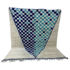 Vibrant Blue Modern Moroccan Wool Beni M'Rirt Rug w/ Abstract Checkered Design