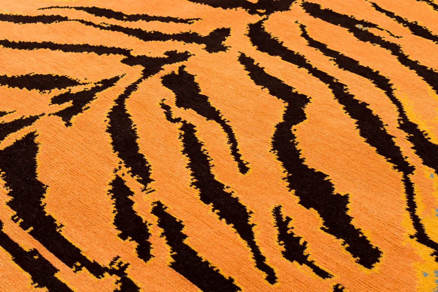 Primitive Vibrant Blue, Orange and Black Wool Tiger Print Area Rug