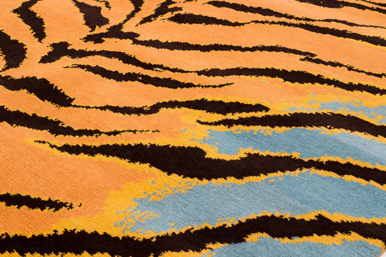 Nepalese Vibrant Blue, Orange and Black Wool Tiger Print Area Rug