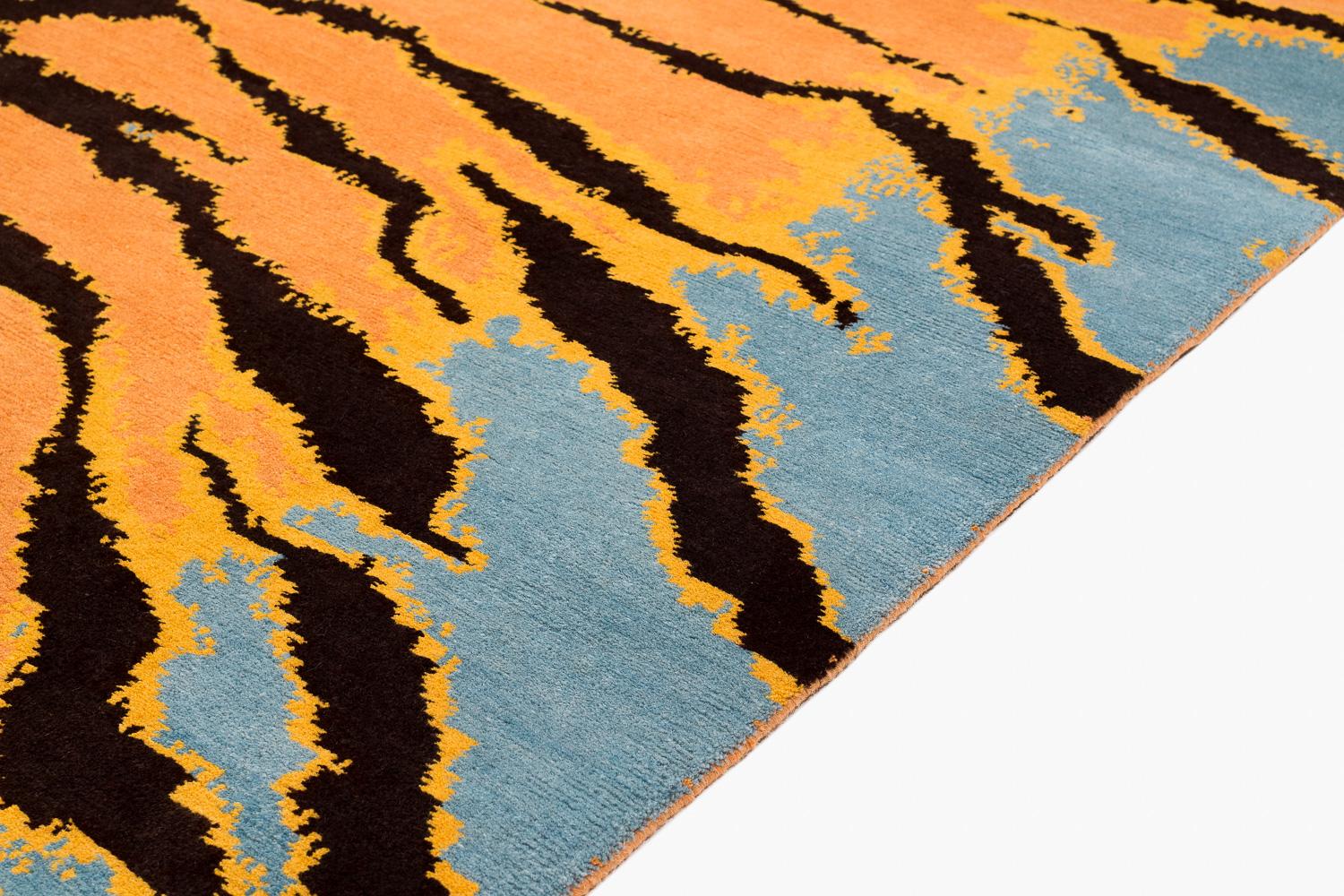 Hand-Woven Vibrant Blue, Orange and Black Wool Tiger Print Area Rug