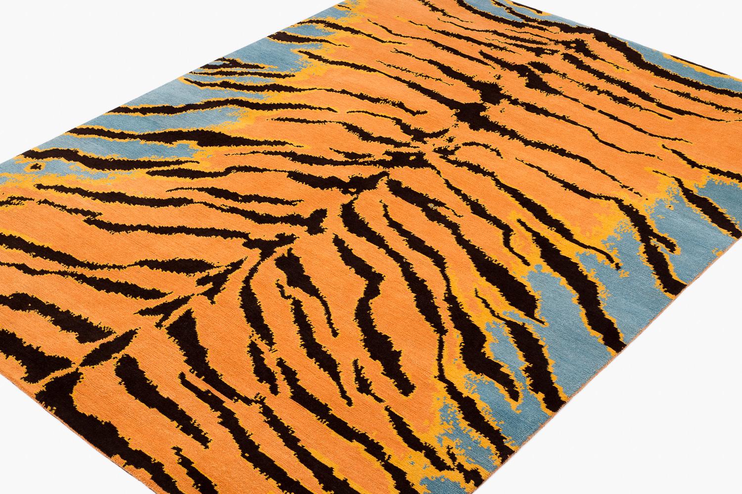 Vibrant Blue, Orange and Black Wool Tiger Print Area Rug In New Condition In New York, NY