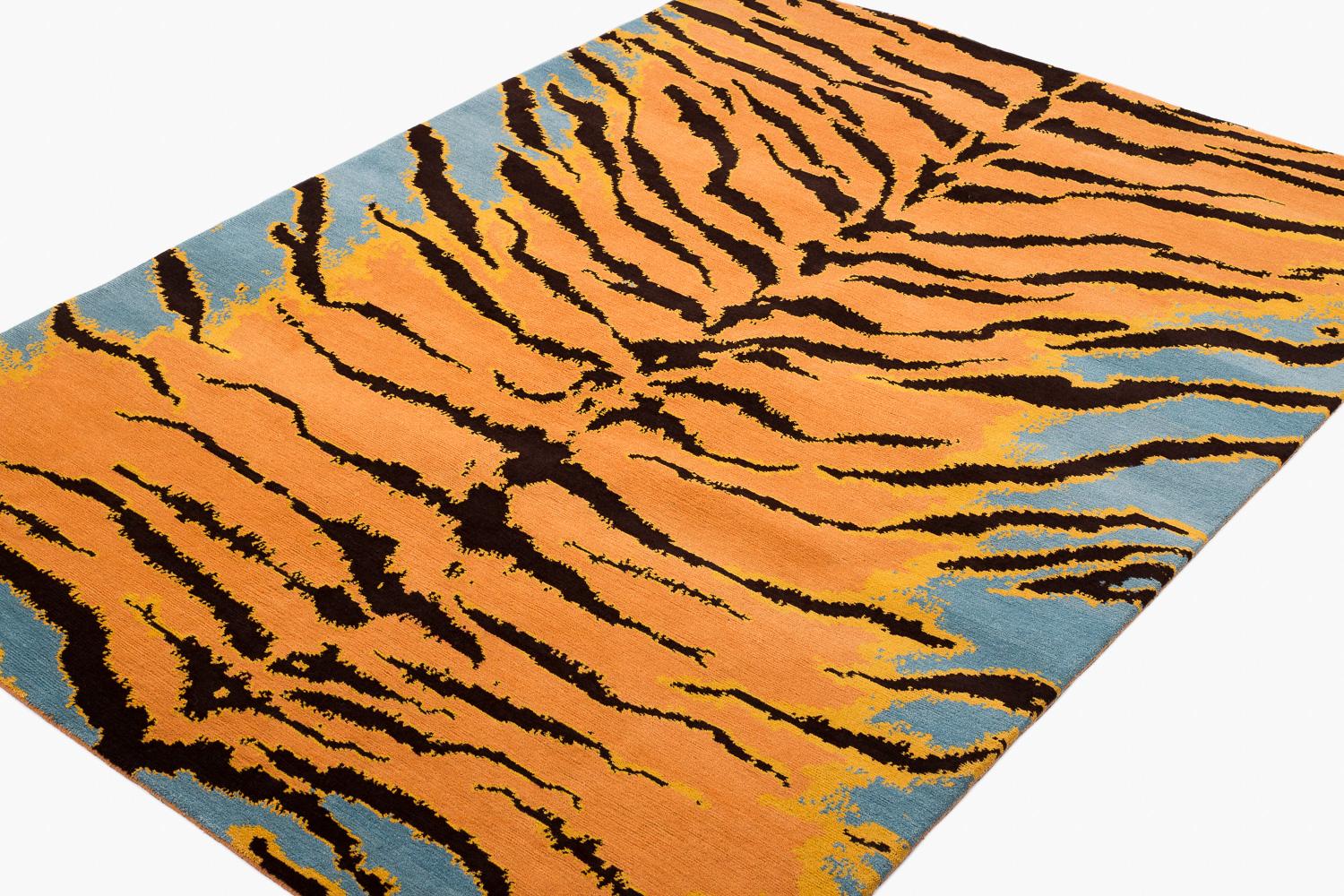 Contemporary Vibrant Blue, Orange and Black Wool Tiger Print Area Rug