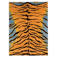 Vibrant Blue, Orange and Black Wool Tiger Print Area Rug