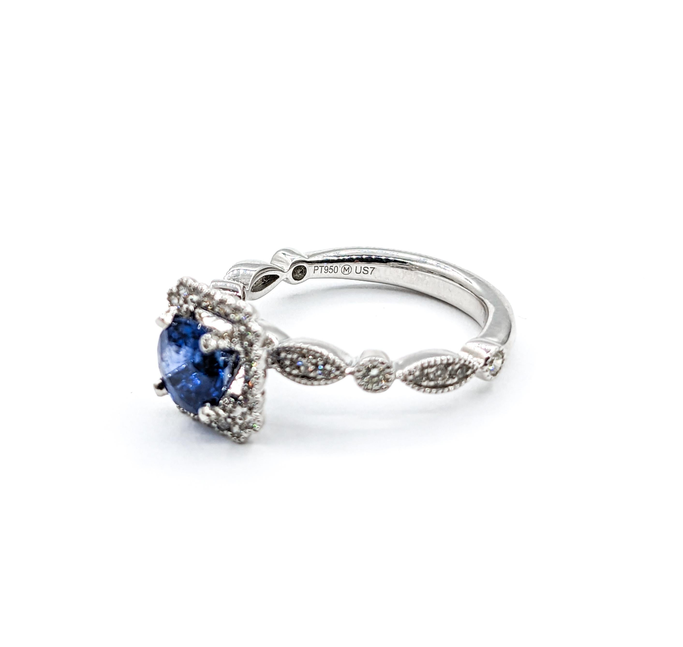 Vibrant Blue Sapphire & Diamond Engagement Ring in Platinum For Sale 4