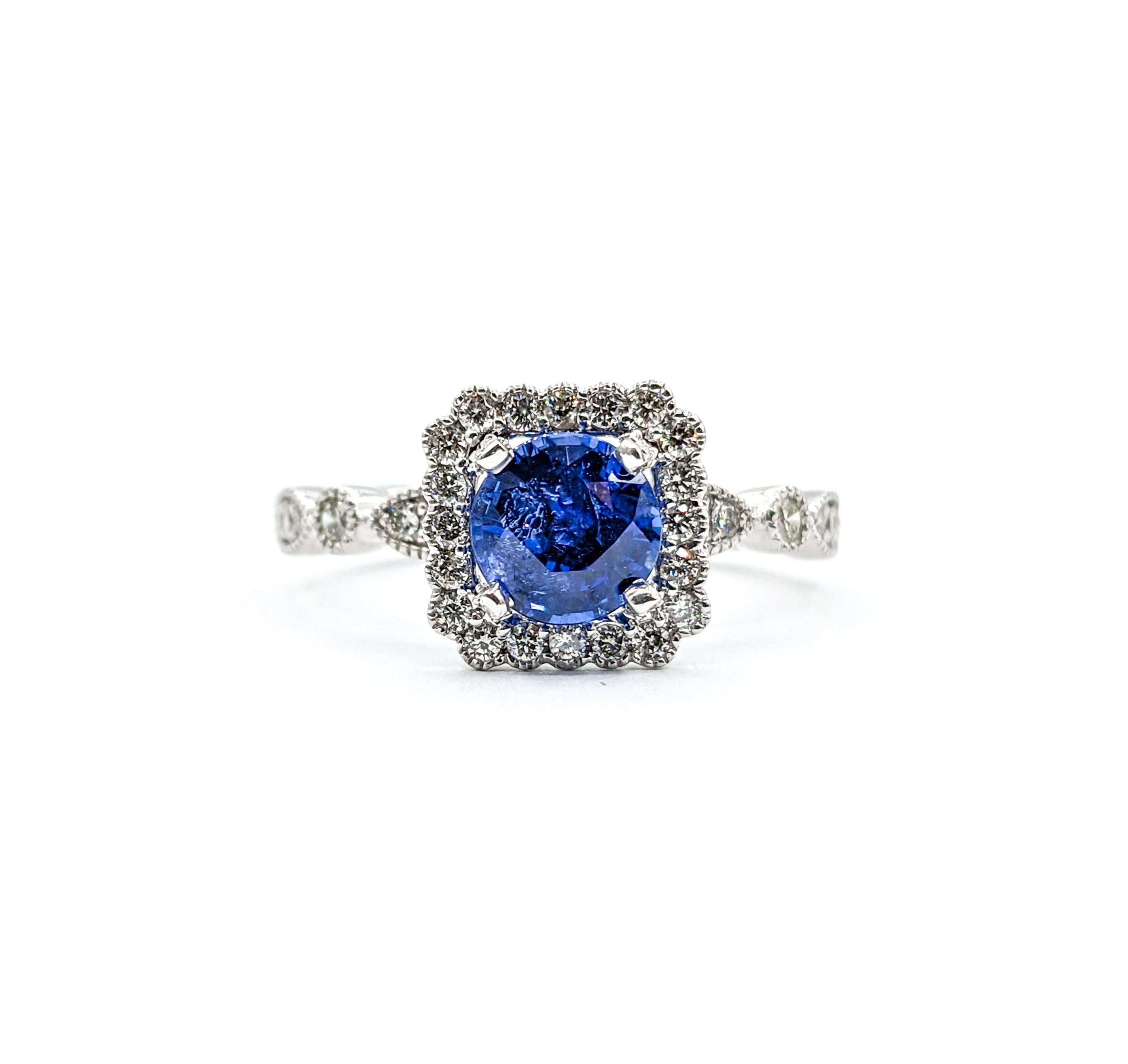 Vibrant Blue Sapphire & Diamond Engagement Ring in Platinum For Sale 6