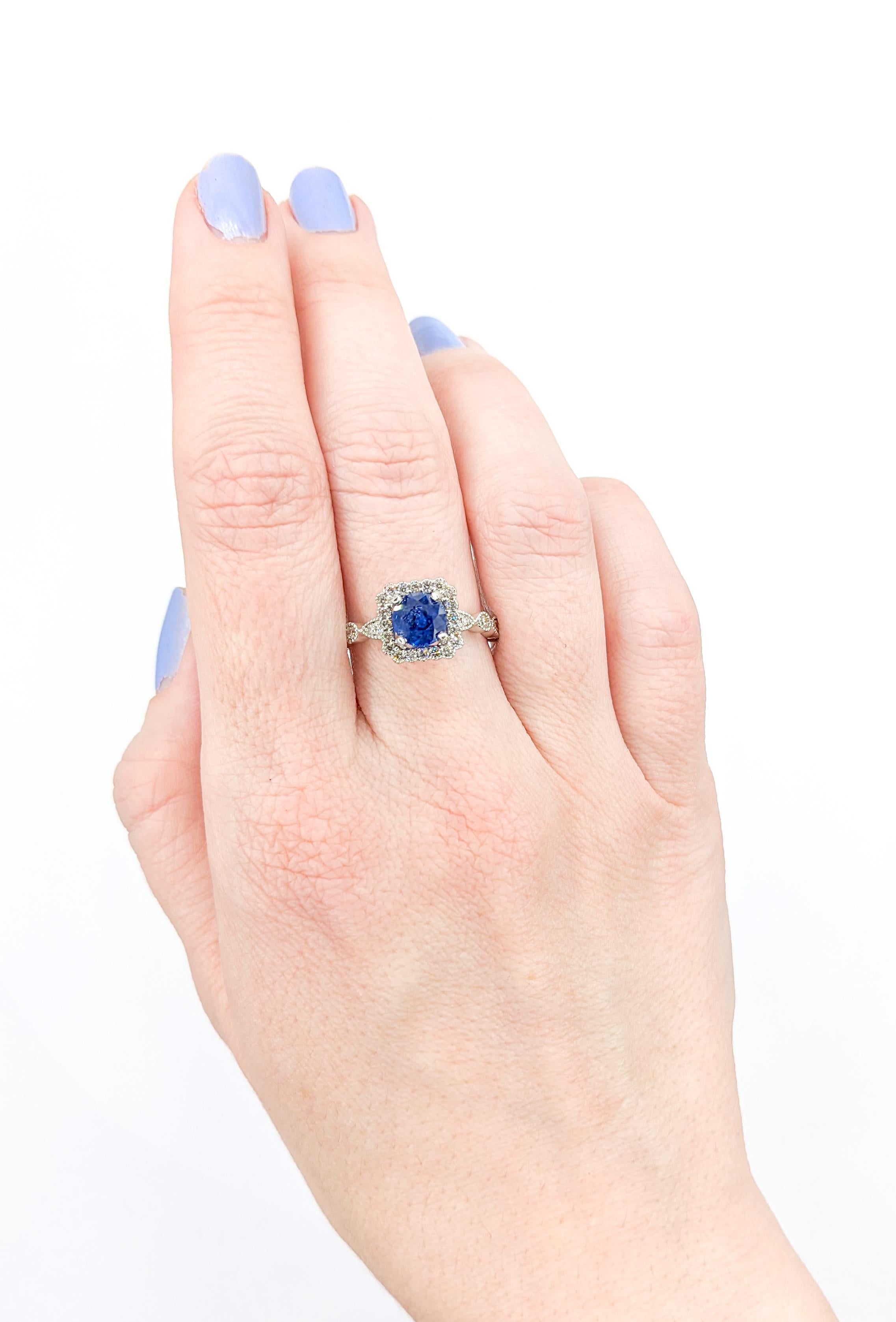 Contemporary Vibrant Blue Sapphire & Diamond Engagement Ring in Platinum For Sale