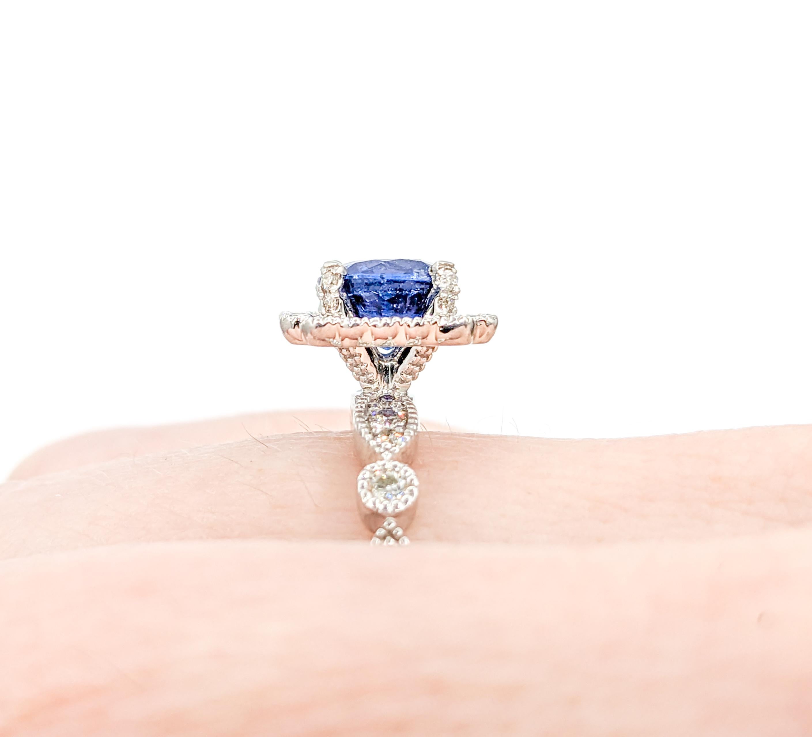 Round Cut Vibrant Blue Sapphire & Diamond Engagement Ring in Platinum For Sale