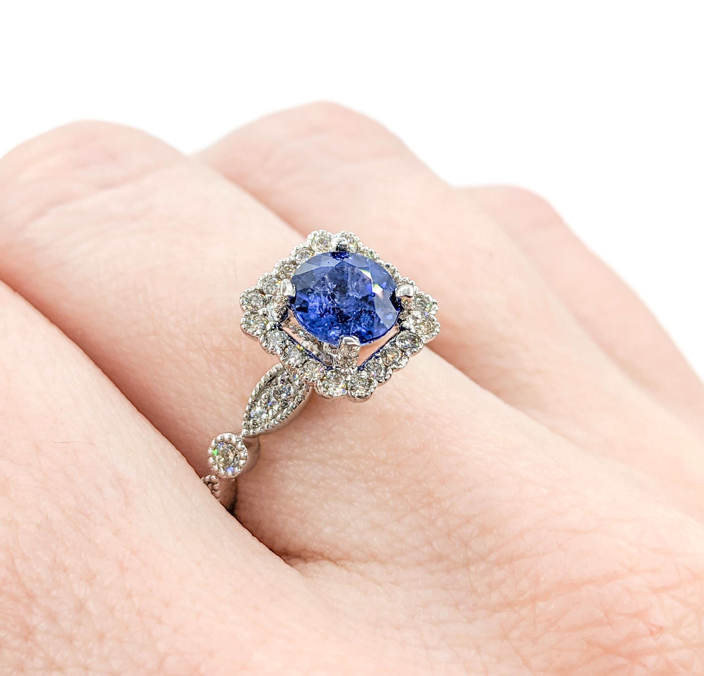 Women's Vibrant Blue Sapphire & Diamond Engagement Ring in Platinum For Sale