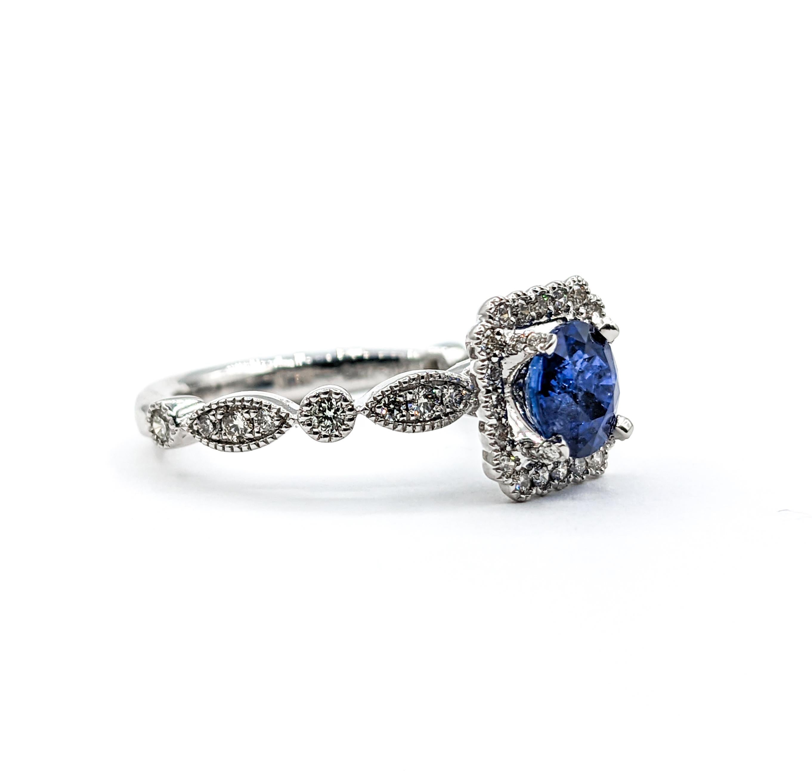 Vibrant Blue Sapphire & Diamond Engagement Ring in Platinum For Sale 3