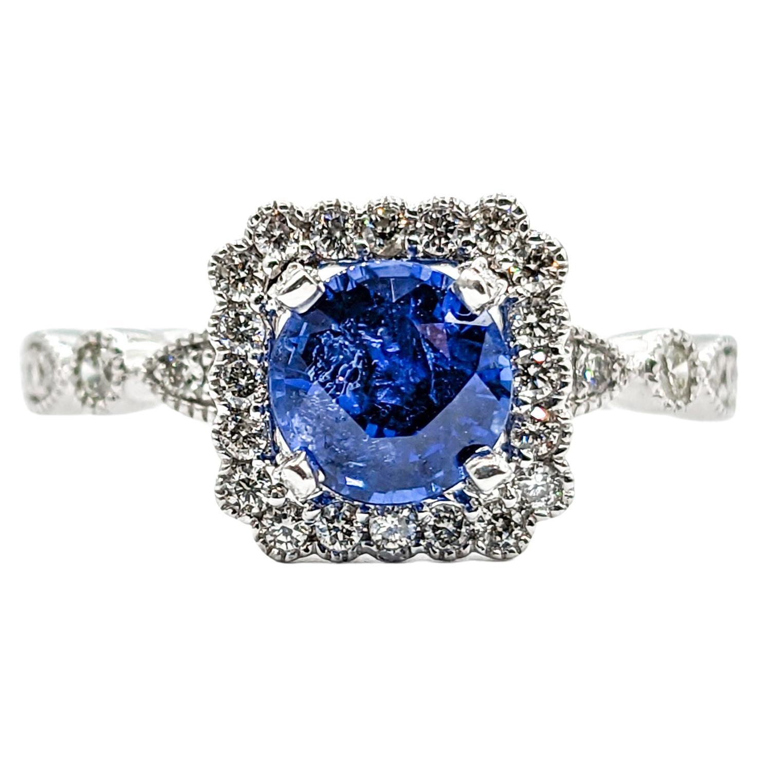 Vibrant Blue Sapphire & Diamond Engagement Ring in Platinum For Sale