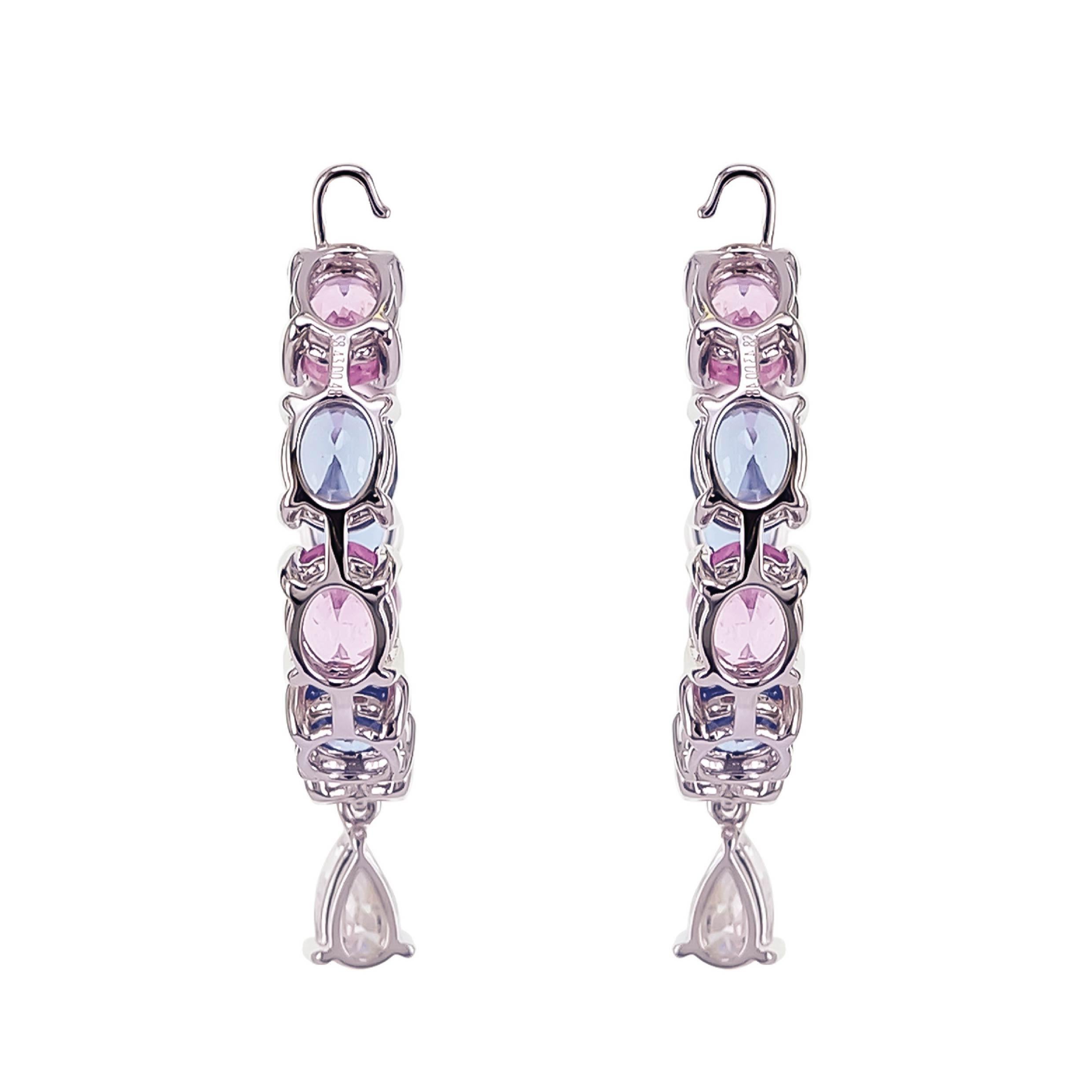 Oval Cut Vibrant Blue and Soothing Pink Sapphire with White Diamond Cocktail Hoop Earring
