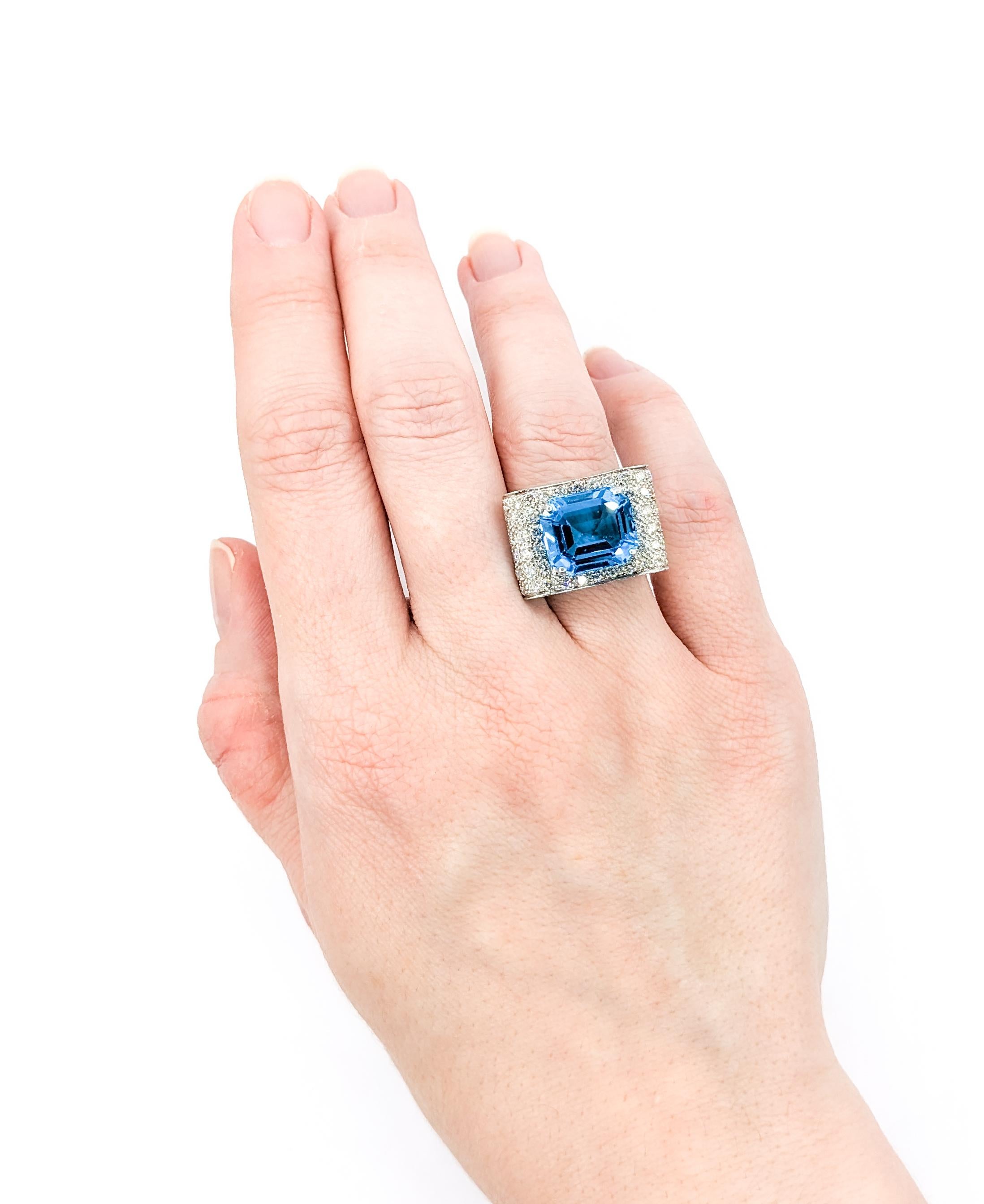 Modern Vibrant Blue Topaz & Diamond Statement Ring For Sale