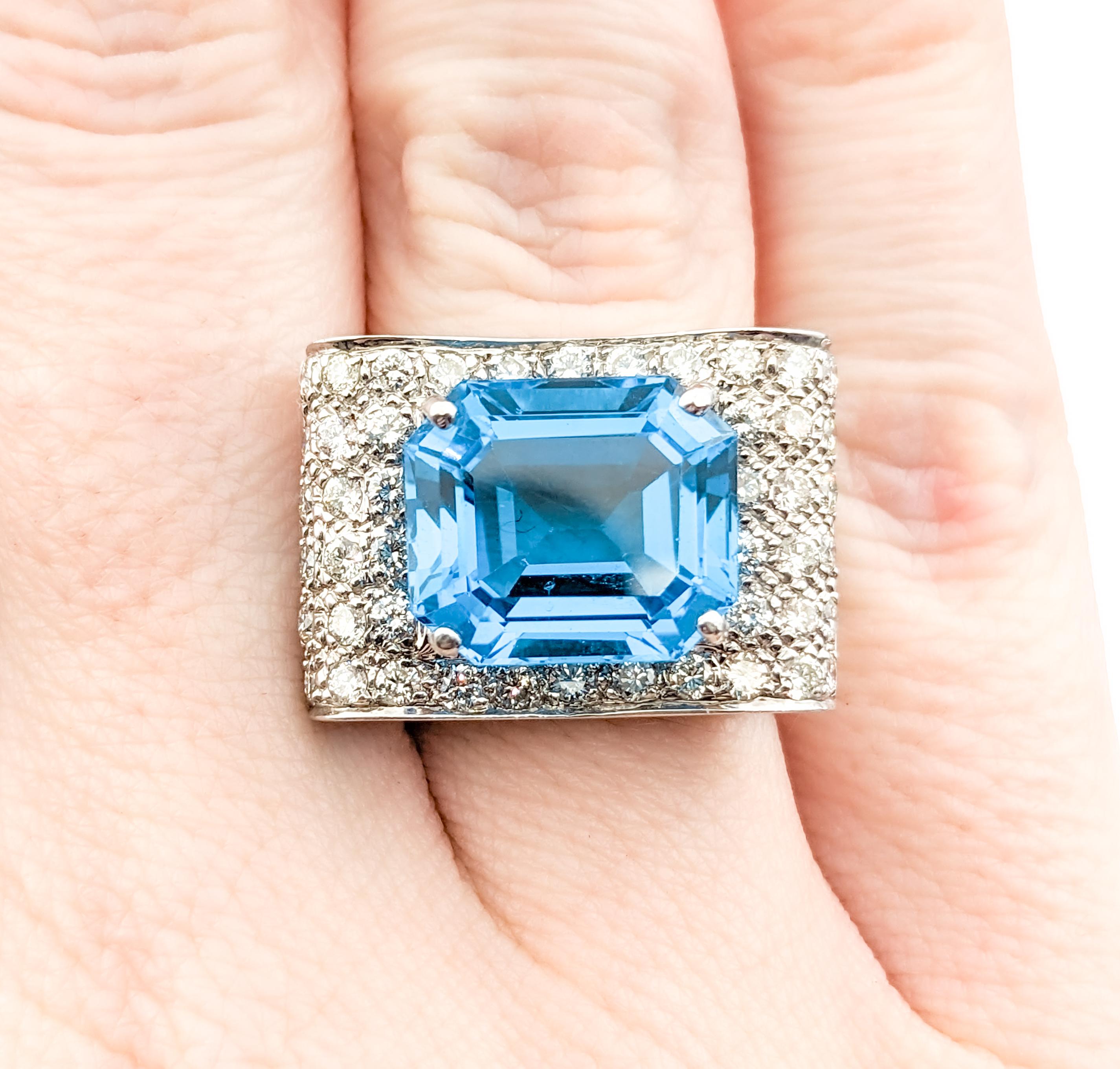 Emerald Cut Vibrant Blue Topaz & Diamond Statement Ring For Sale