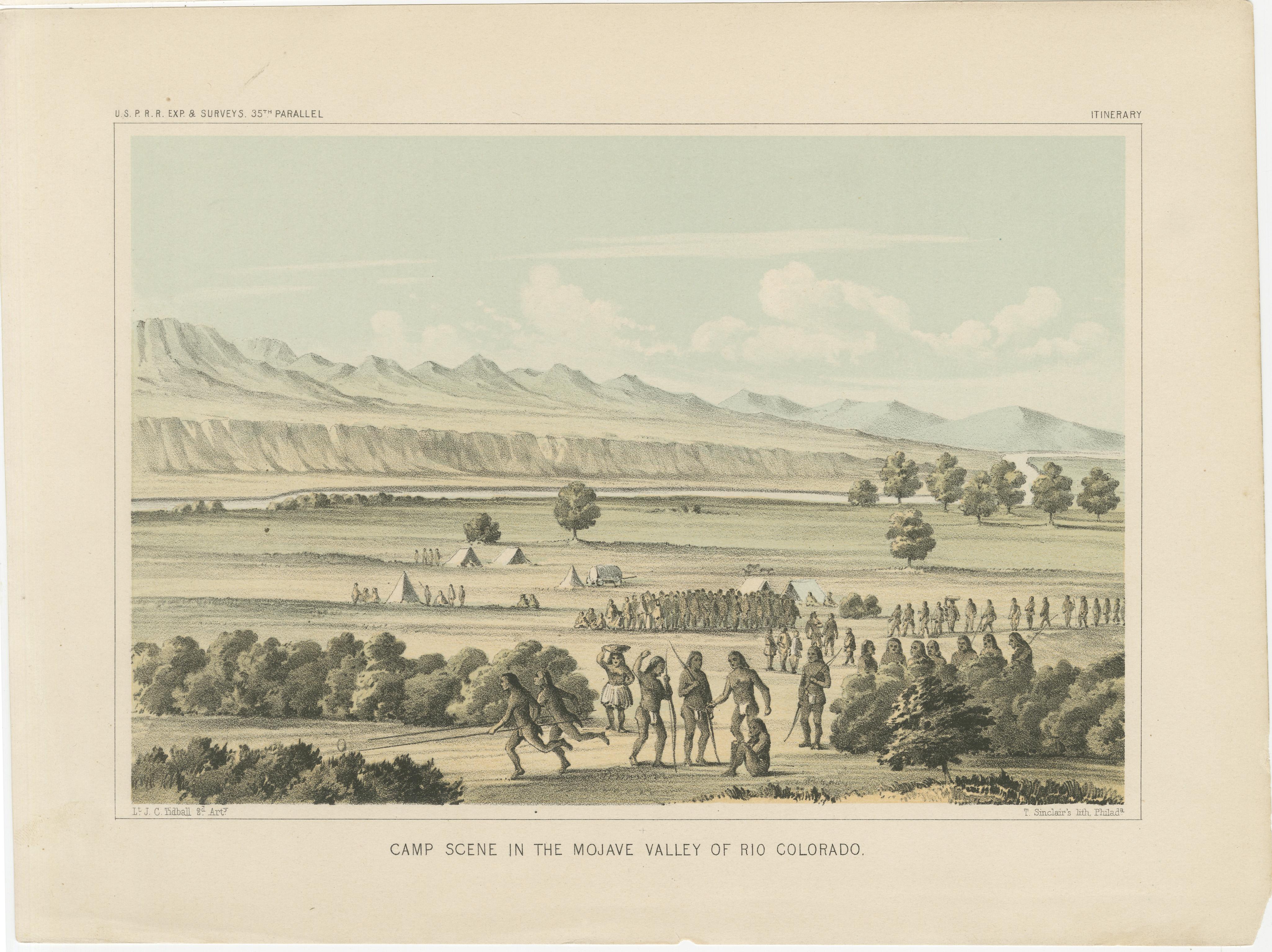 Title: Vibrant Camp Scene in the Mojave Valley of Rio Colorado  

Description: This beautiful lithograph depicts a dynamic camp scene in the Mojave Valley along the Rio Colorado. The composition captures a moment of cultural interaction and daily