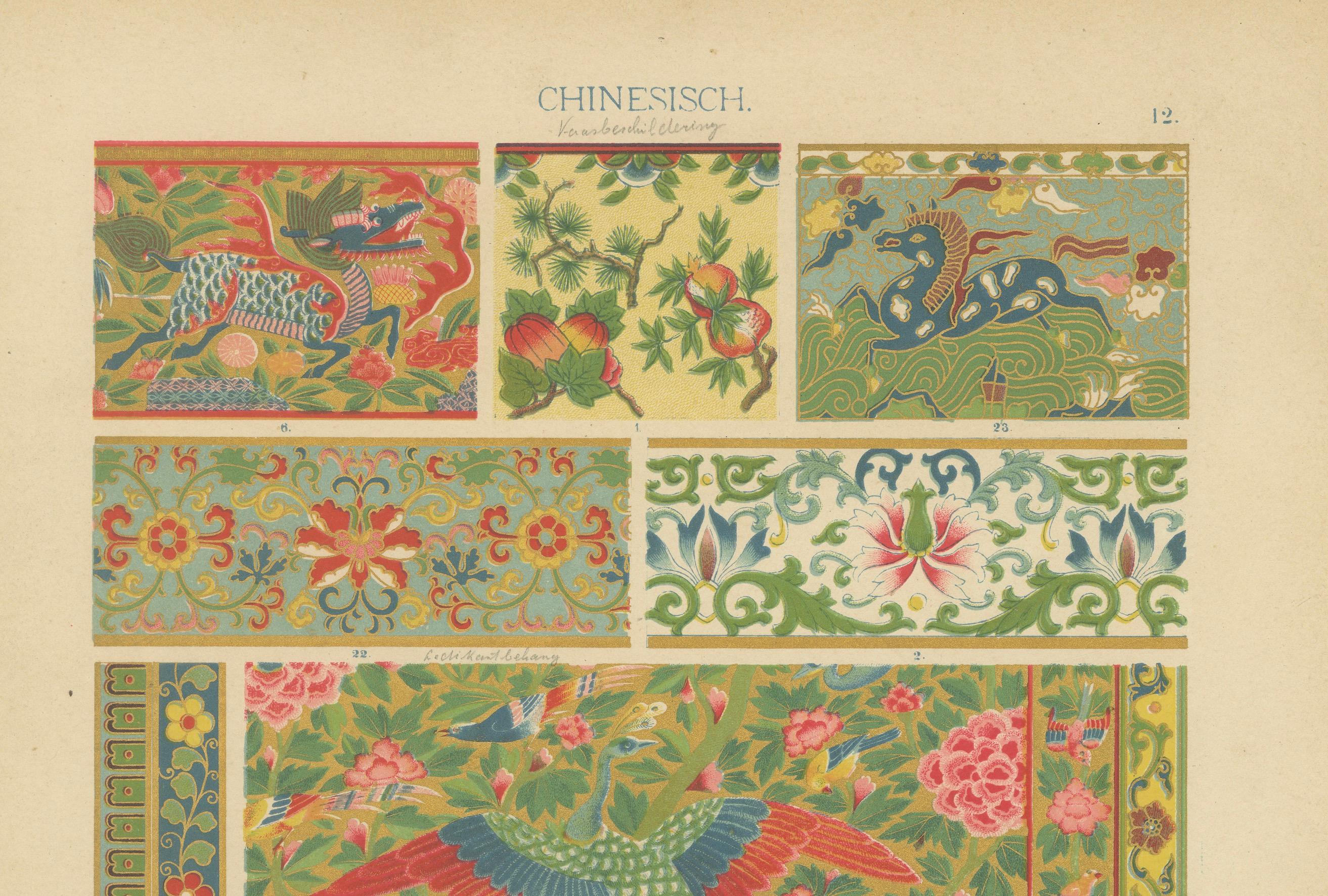 Paper Vibrant Chinese Patterns from Dolmetsch's 1887 Ornamental Treasury For Sale
