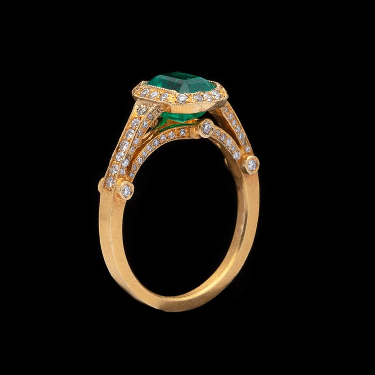 Emerald Cut Vibrant Colombian Emerald Diamond Ring For Sale