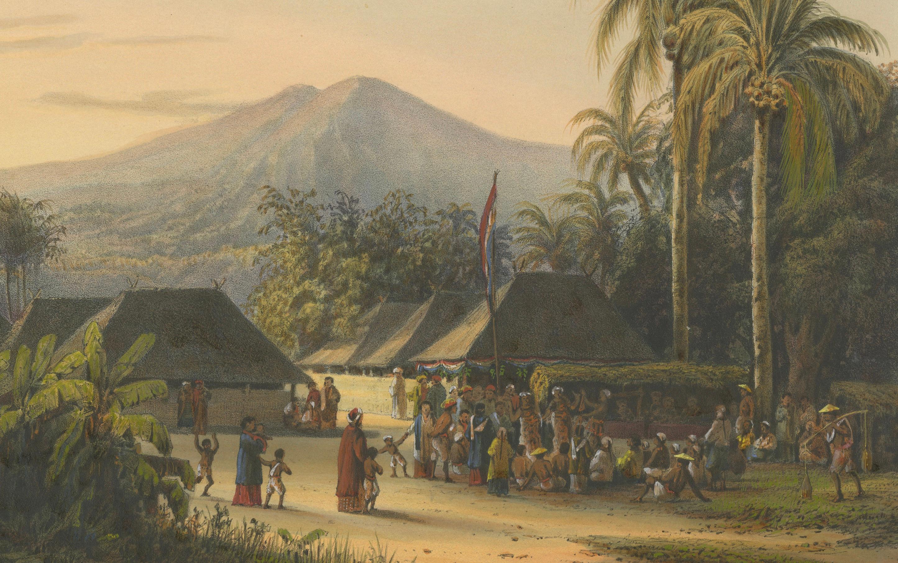 Java-Druck aus der lebhaften Kolonialzeit: Festival in der Nähe des Berges Ardjoeno, um 1872 (Spätes 19. Jahrhundert) im Angebot