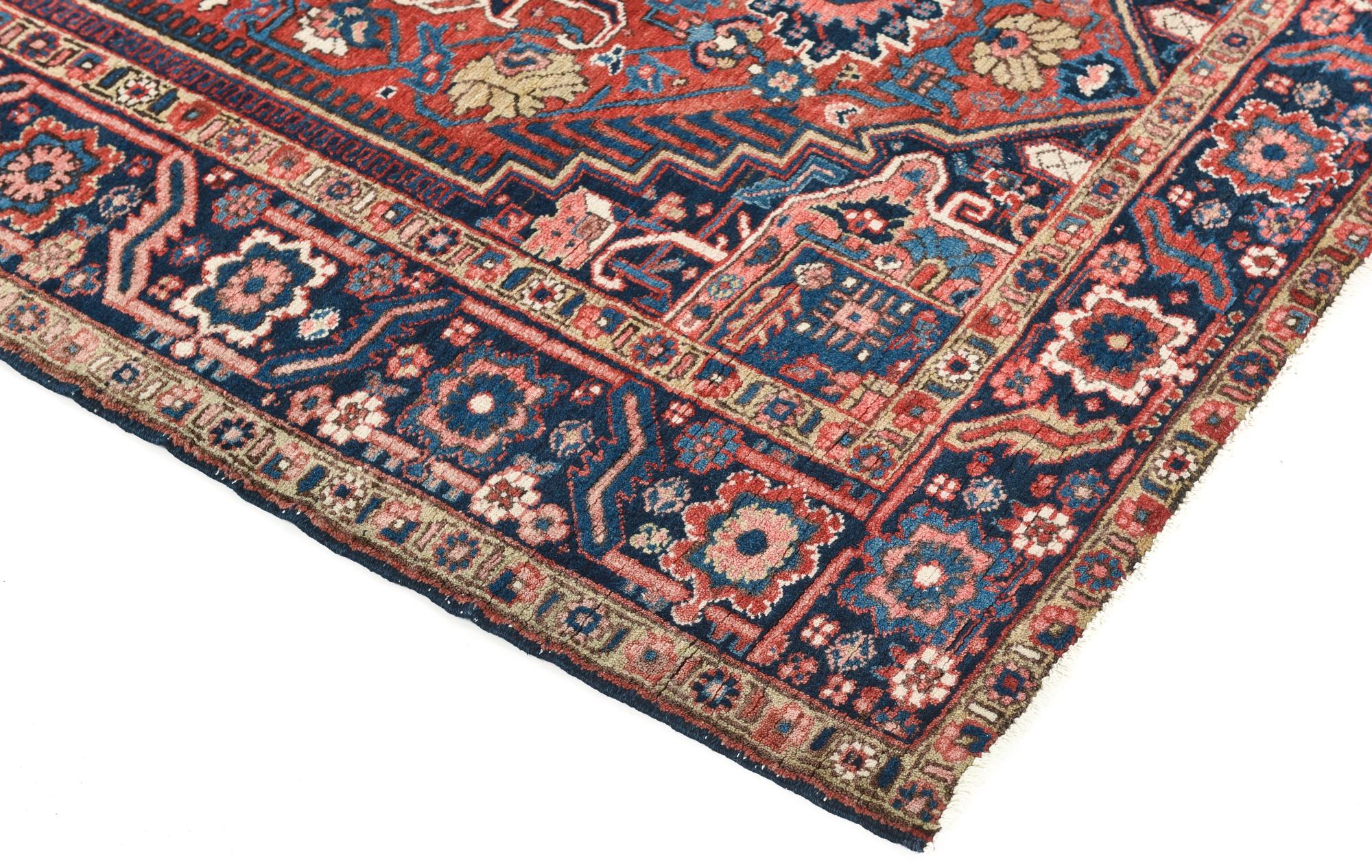 Hand-Knotted Vibrant Color Palette Semi-Antique Persian Heriz Rug  4'8