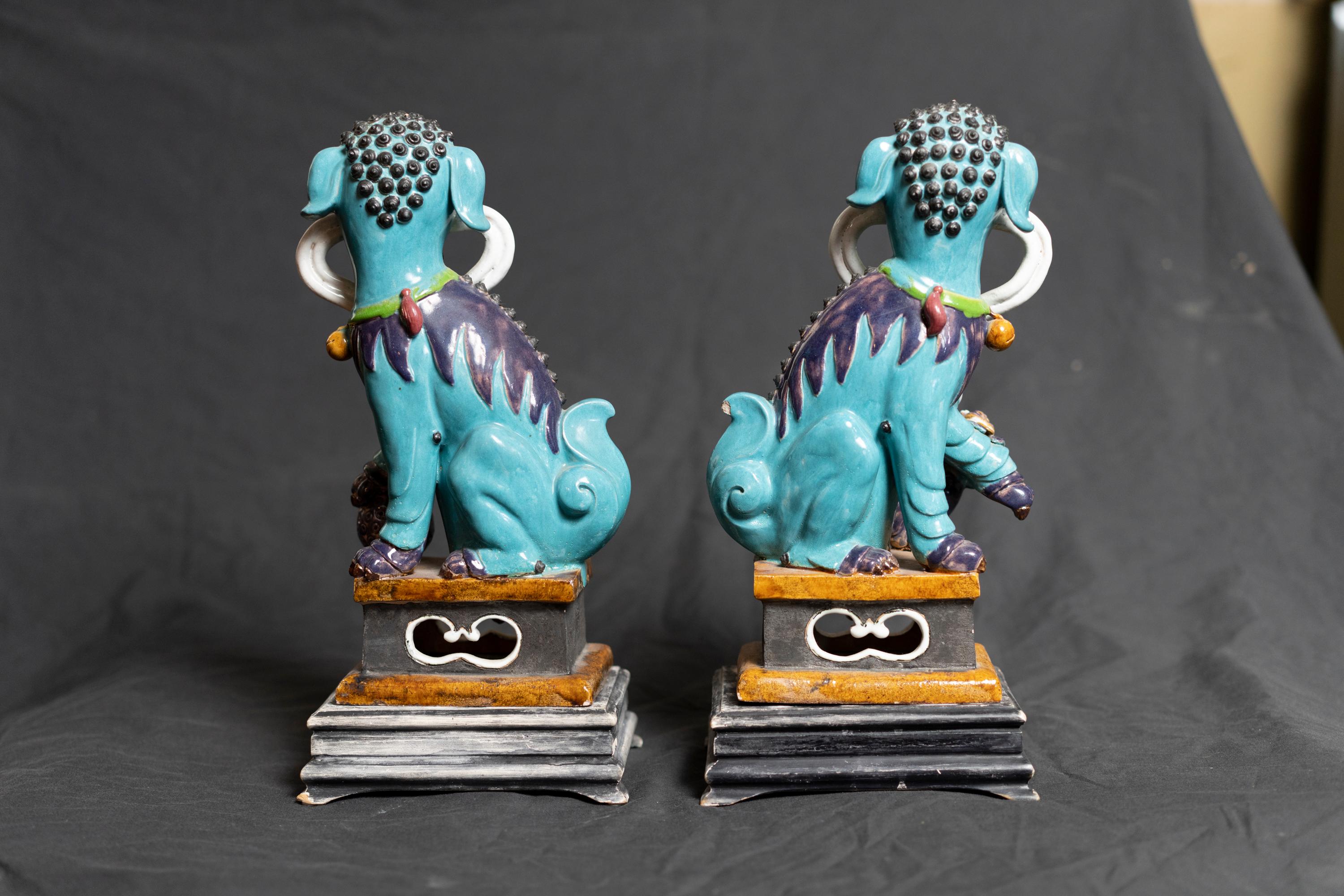 Chinese Export Vibrant Coloured Pair of Glazed Ceramic Foo Dog Sculptures Made for Birks For Sale