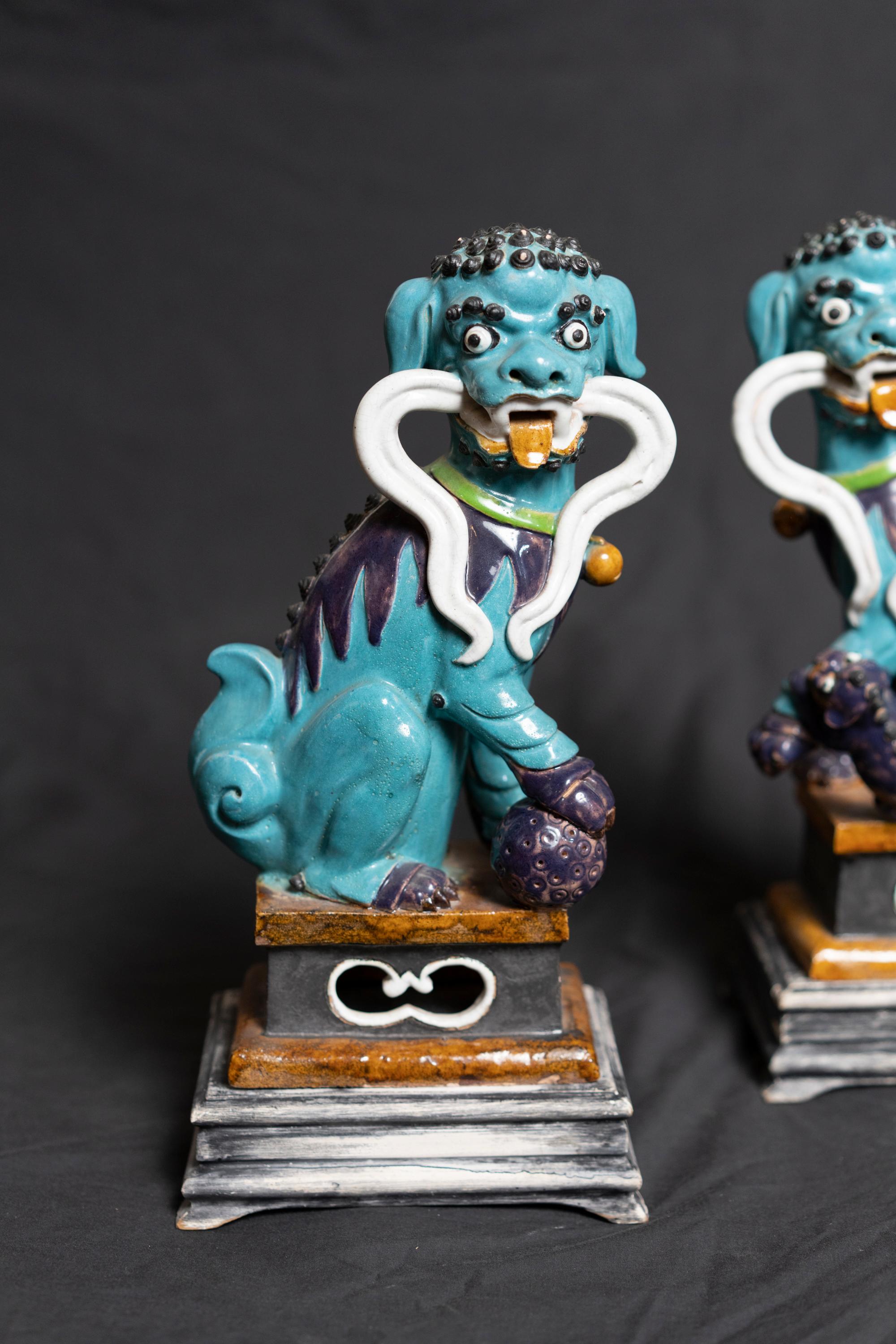 Spanish Vibrant Coloured Pair of Glazed Ceramic Foo Dog Sculptures Made for Birks For Sale