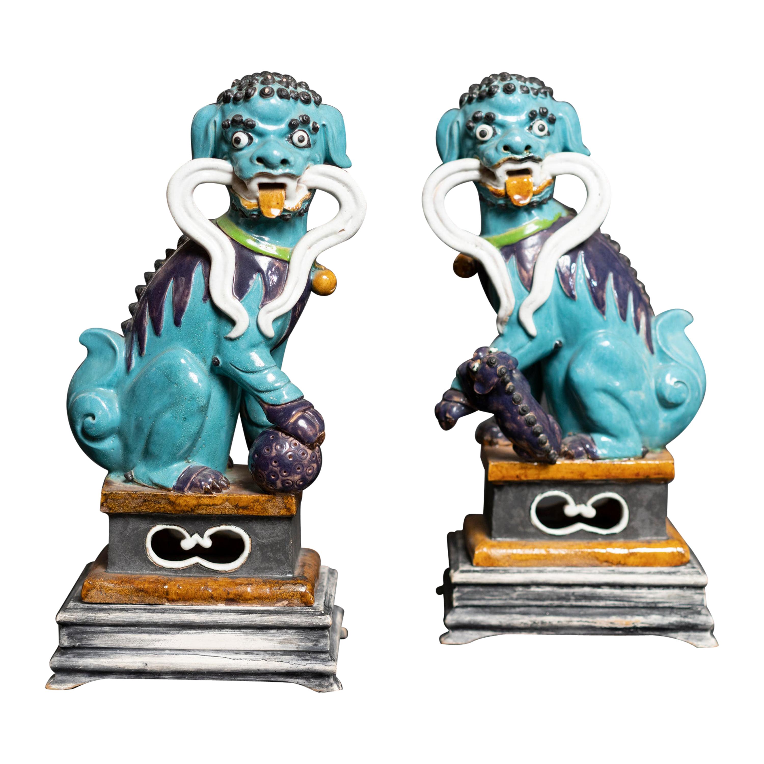 Vibrant Coloured Pair of Glazed Ceramic Foo Dog Sculptures Made for Birks For Sale