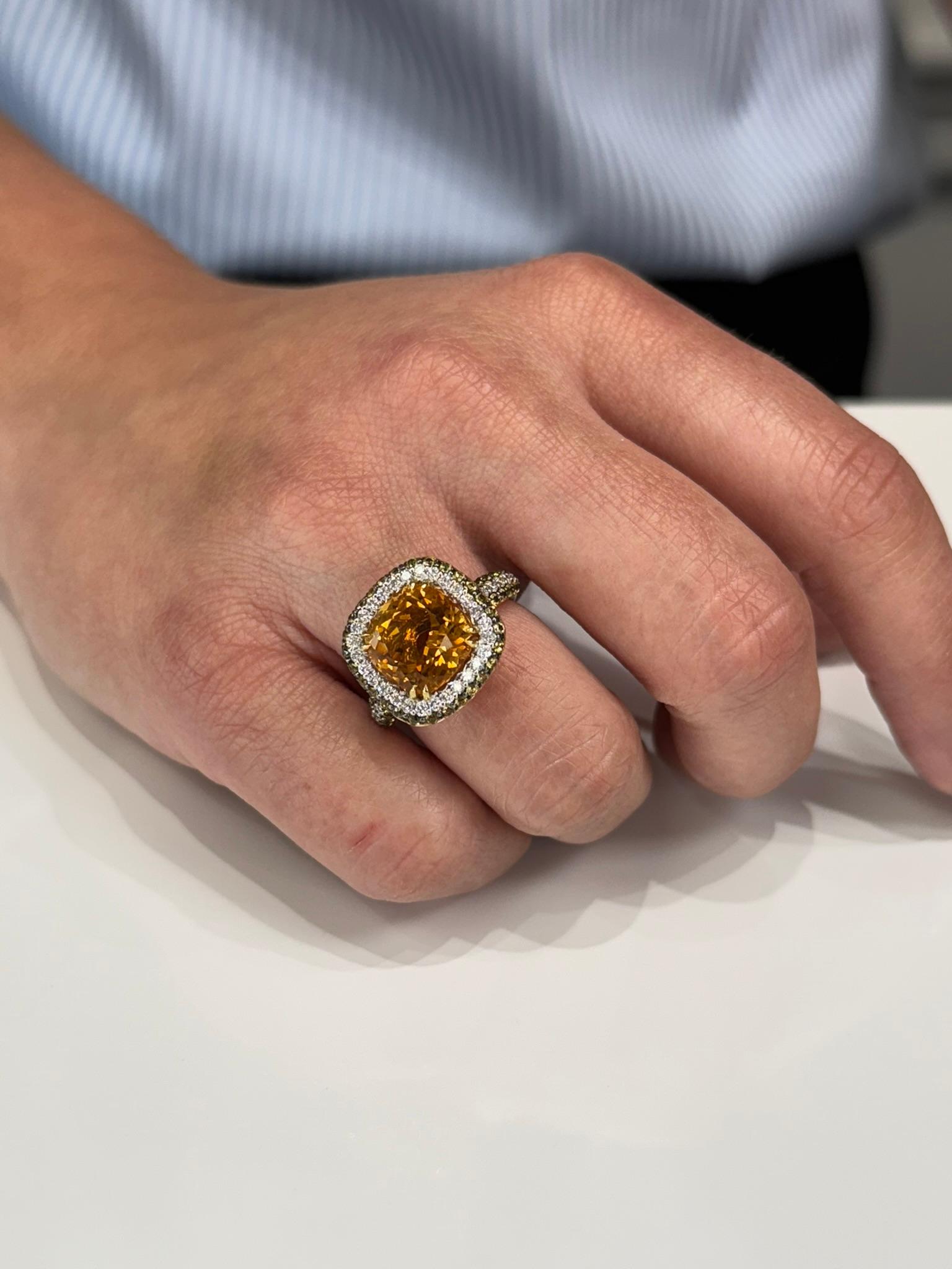 Contemporary Vibrant Cushion Shaped Citrine with Diamonds & Yellow Sapphires, 18K Yellow Gold For Sale