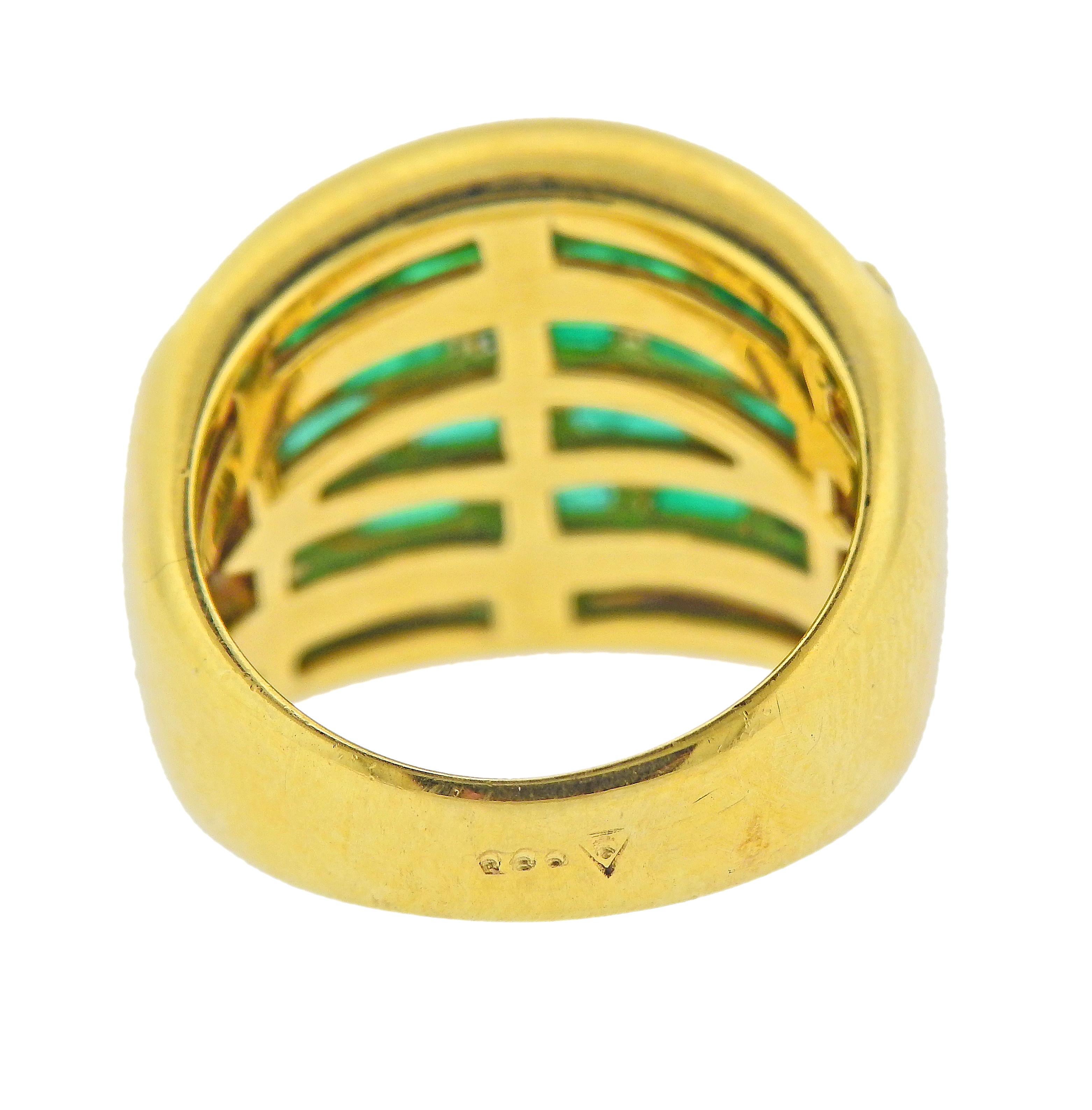Baguette Cut Vibrant Emerald and Diamond Yellow Gold Dome Ring For Sale