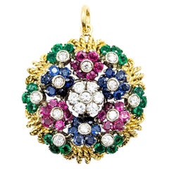 Vibrant Emerald, Ruby, Sapphire & Diamond Pendant in 18k Yellow Gold