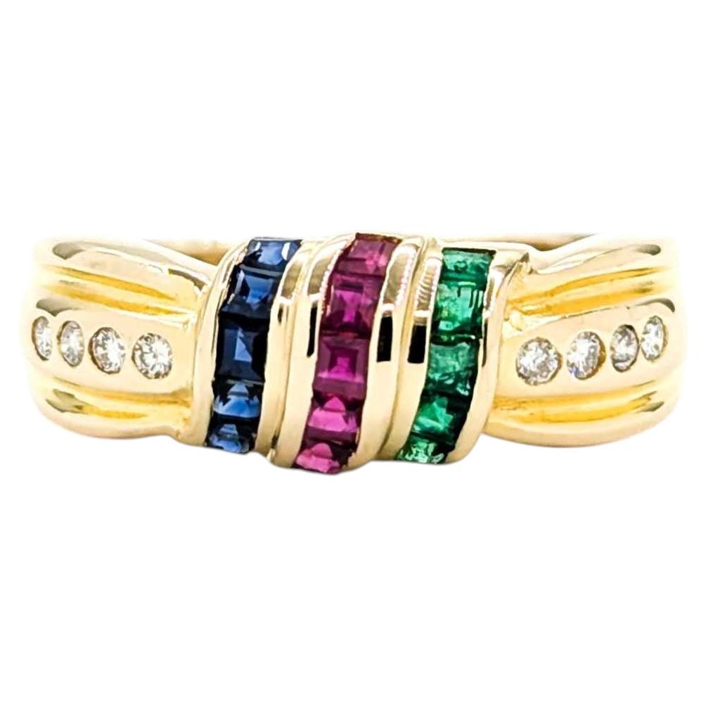 Vibrant Emerald, Ruby, Sapphire & Diamond Ring in 18k Yellow Gold