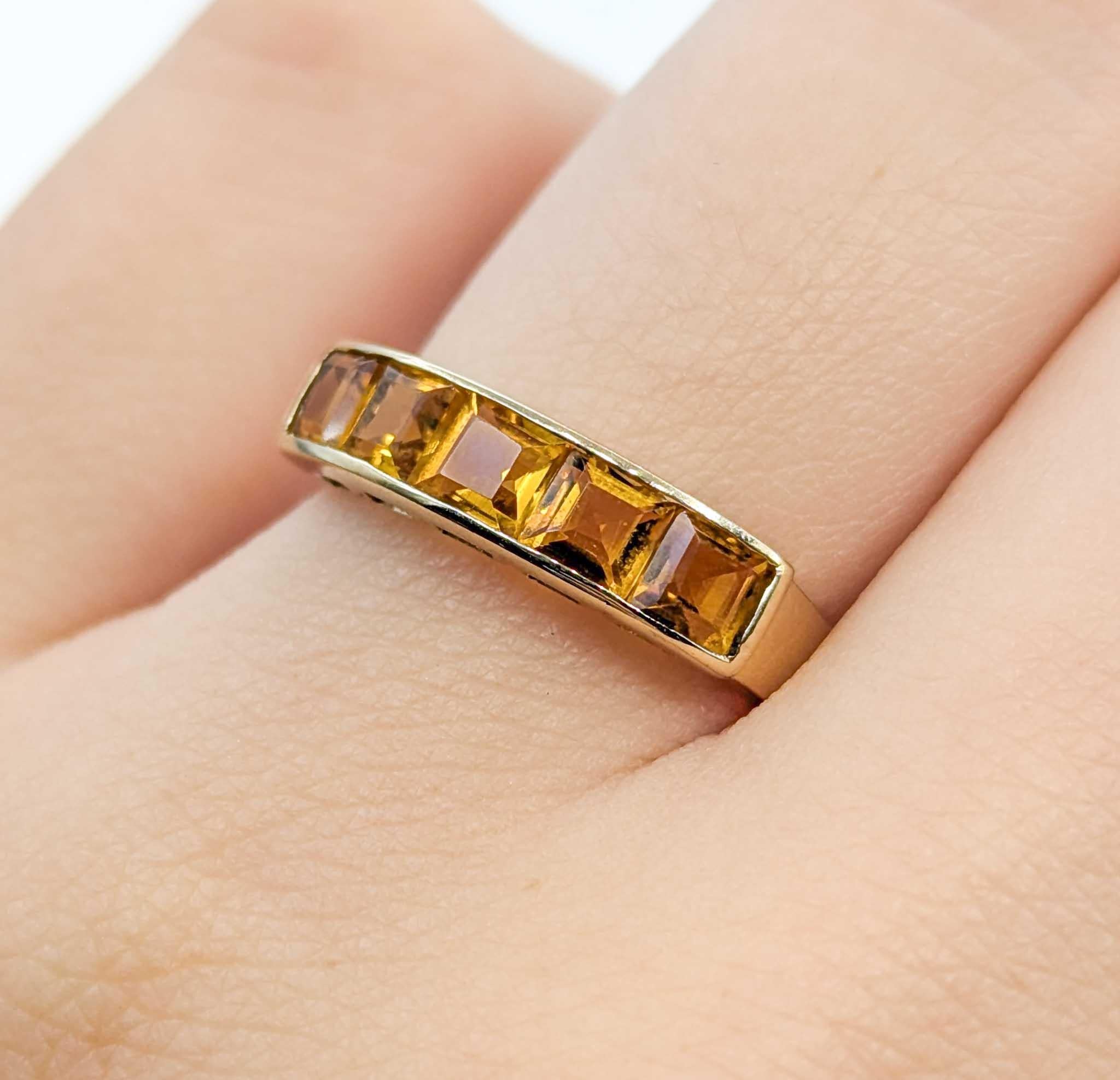 Vibrant Five-Stone Citrine Ring in 14k Yellow Gold In Excellent Condition For Sale In Bloomington, MN