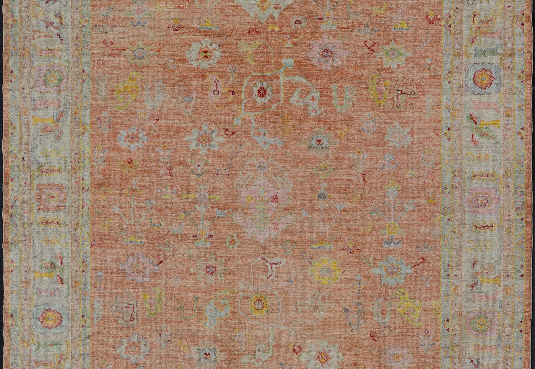Vibrant Floral Medley on Salmon Pink Hand-Knotted Rug by Keivan Woven Arts  For Sale 5