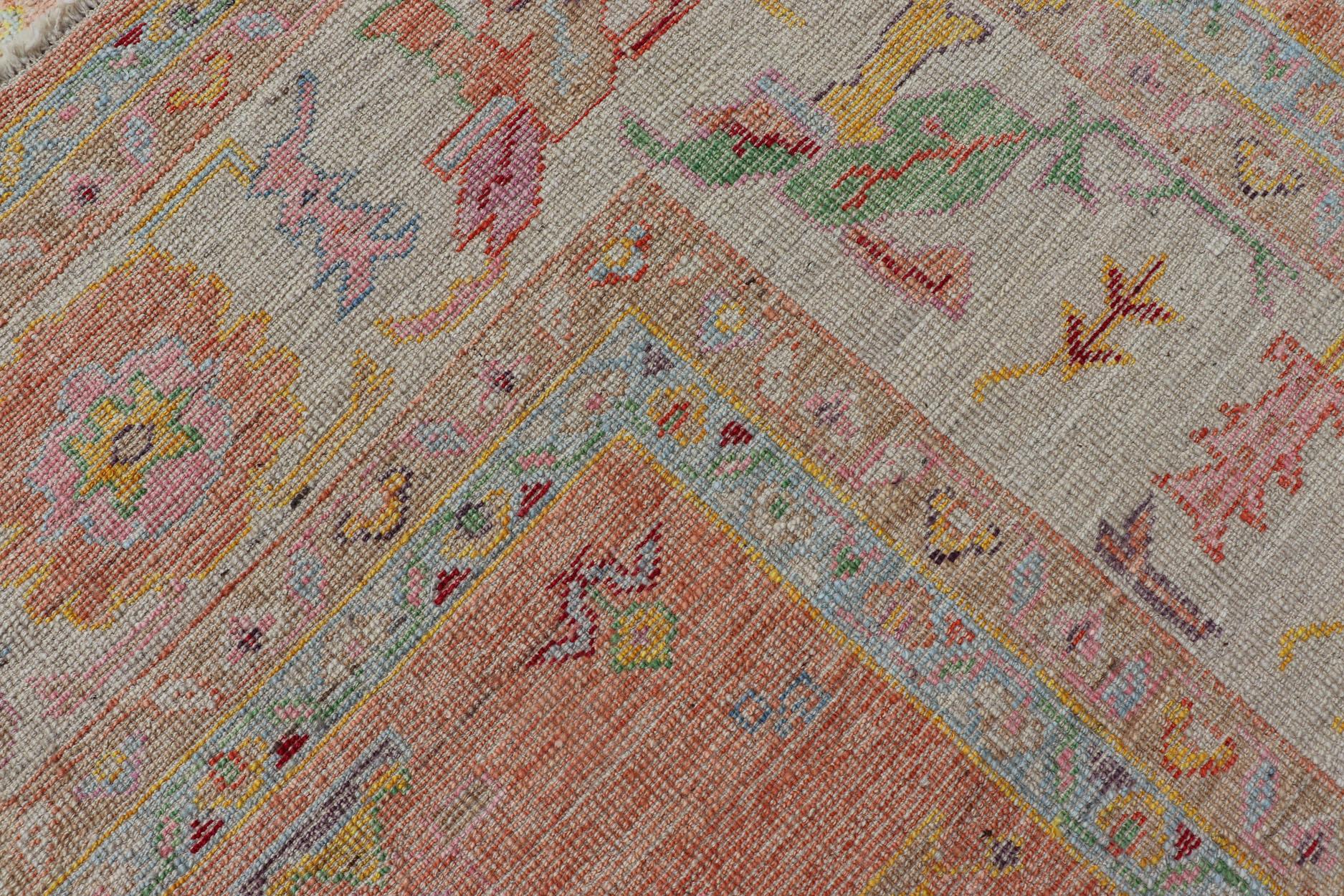 Vibrant Floral Medley on Salmon Pink Hand-Knotted Rug by Keivan Woven Arts  7