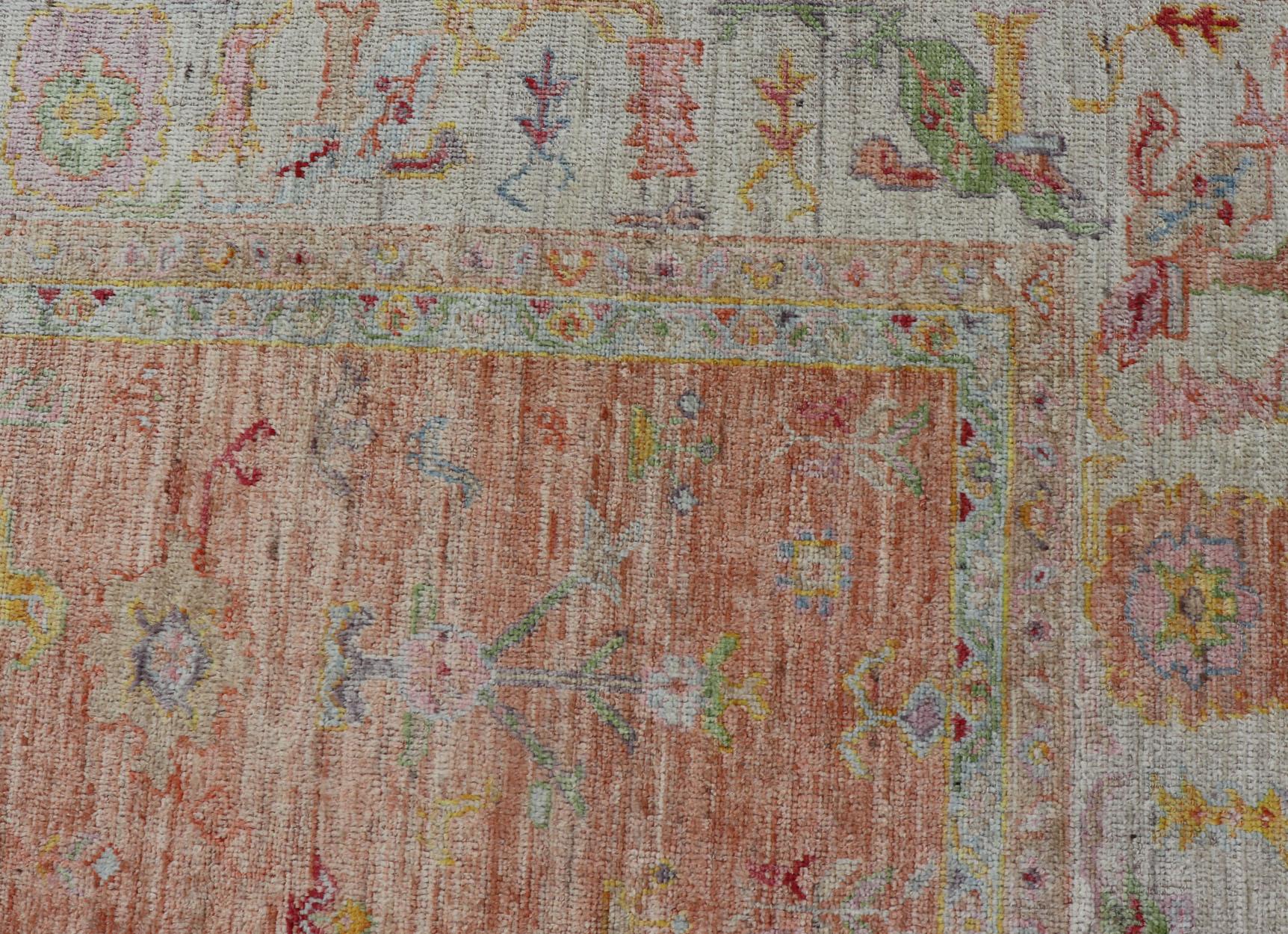 Turkish Vibrant Floral Medley on Salmon Pink Hand-Knotted Rug by Keivan Woven Arts 