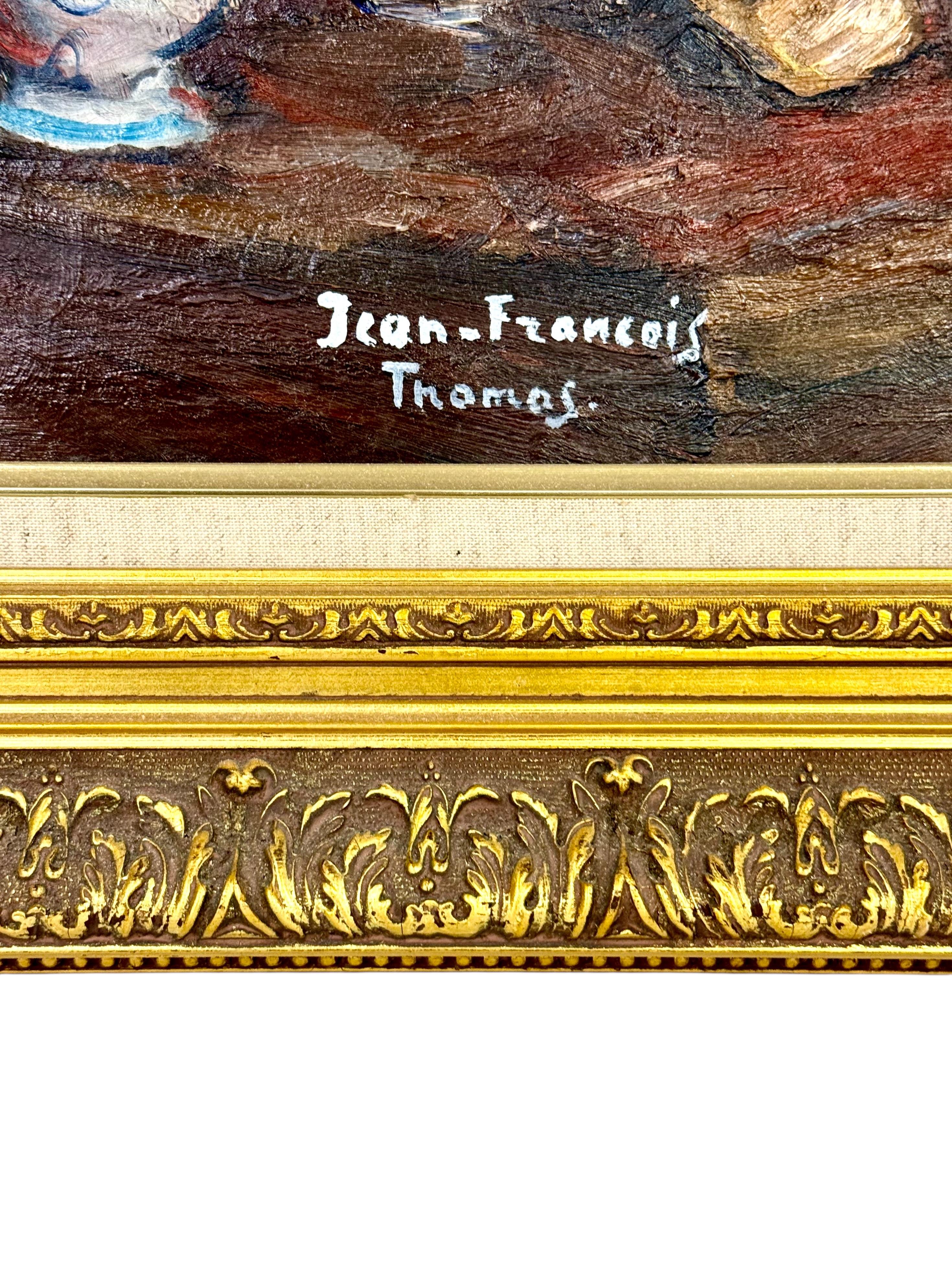 Este vibrante bodegón al óleo sobre lienzo, firmado por Jean-François Thomas (1894-1939), es un convincente ejemplo del expresionismo francés de principios del siglo XX. Pintada con trazos seguros y empastados, la obra presenta un rico ramo de