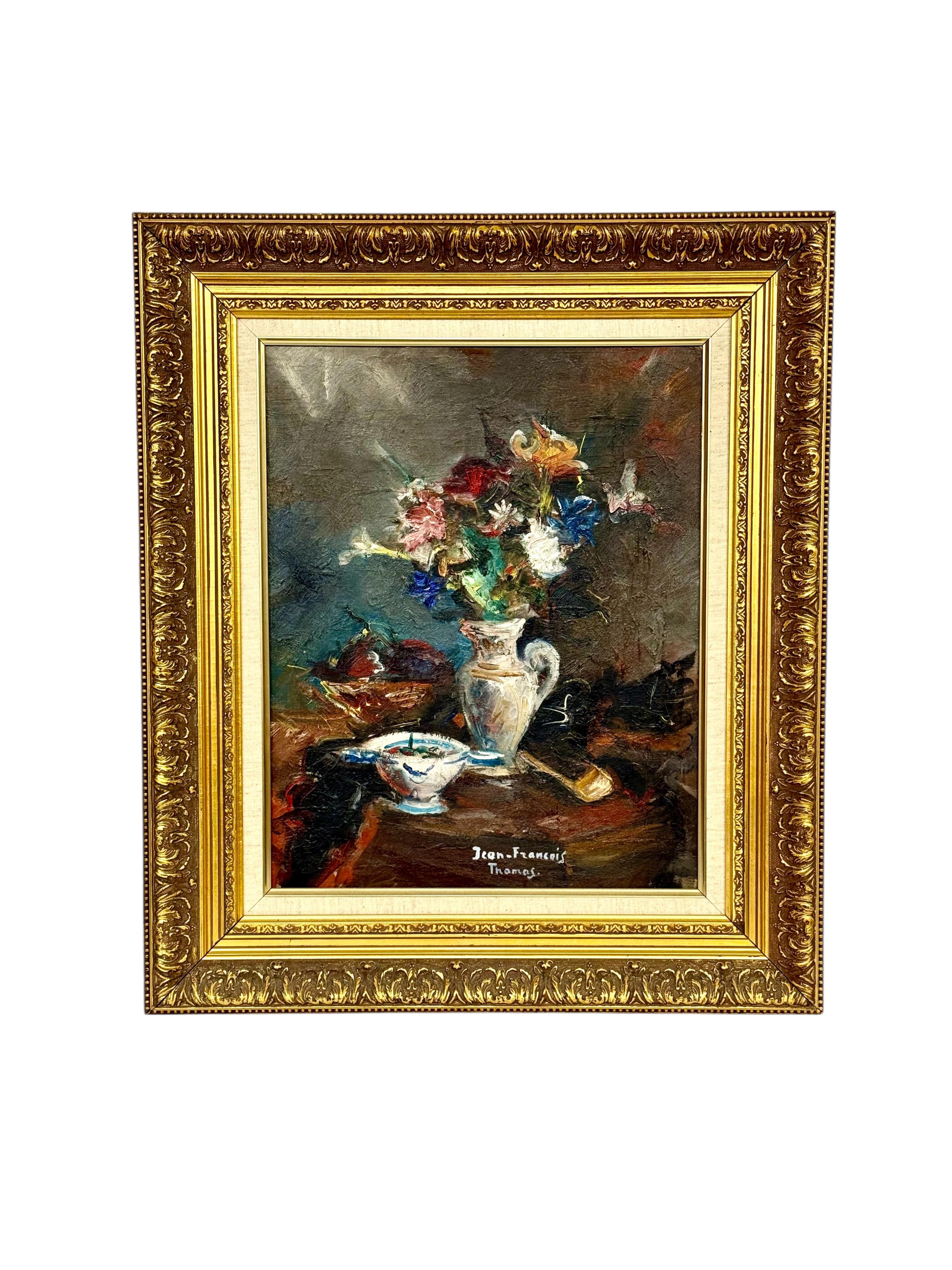 Vibrante bodegón floral con cuenco de porcelana de Jean-François Thomas siglo XX en venta