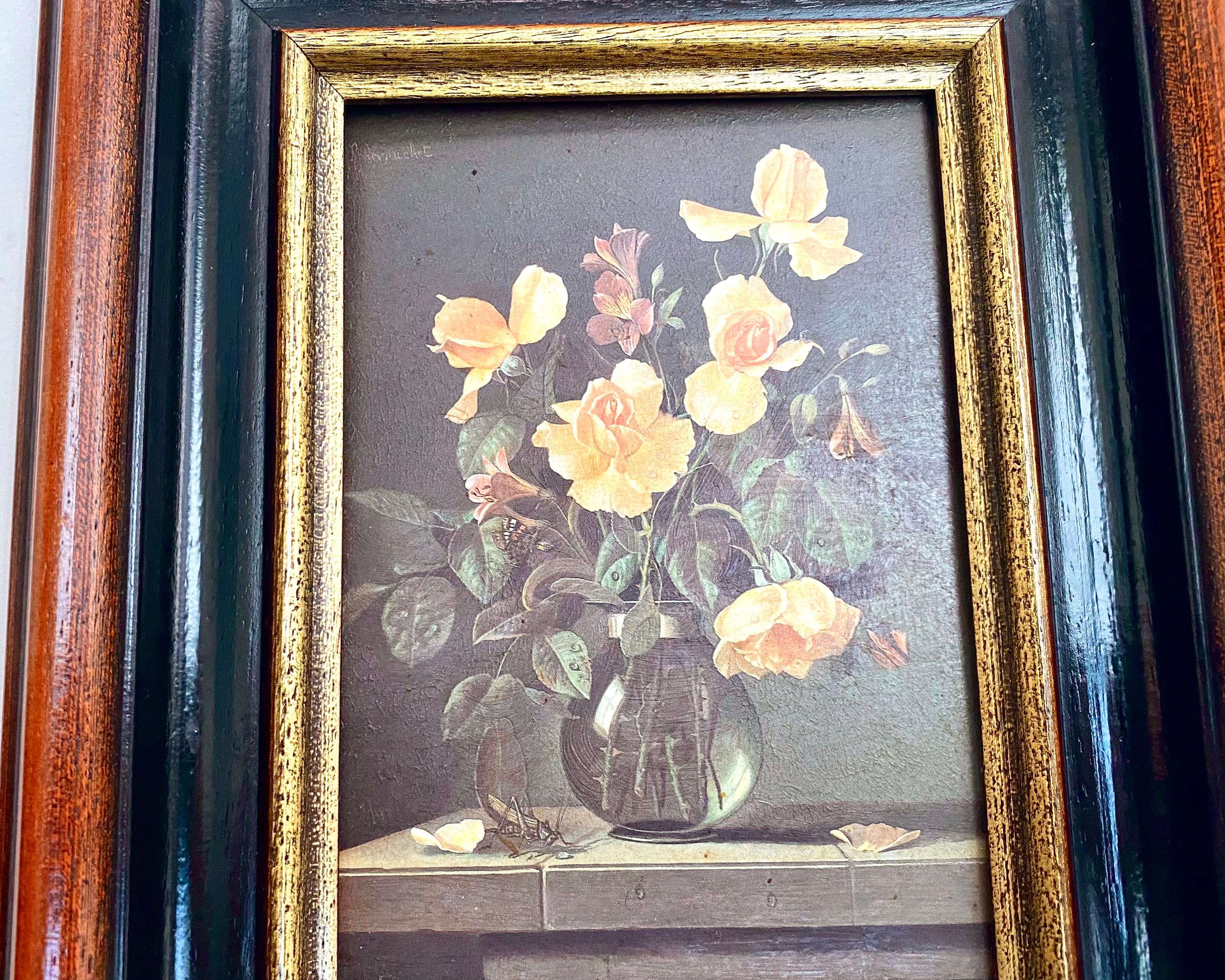 Wood Vibrant Flowers Still Life Framed Painting on Canvas Vintage, Germany For Sale