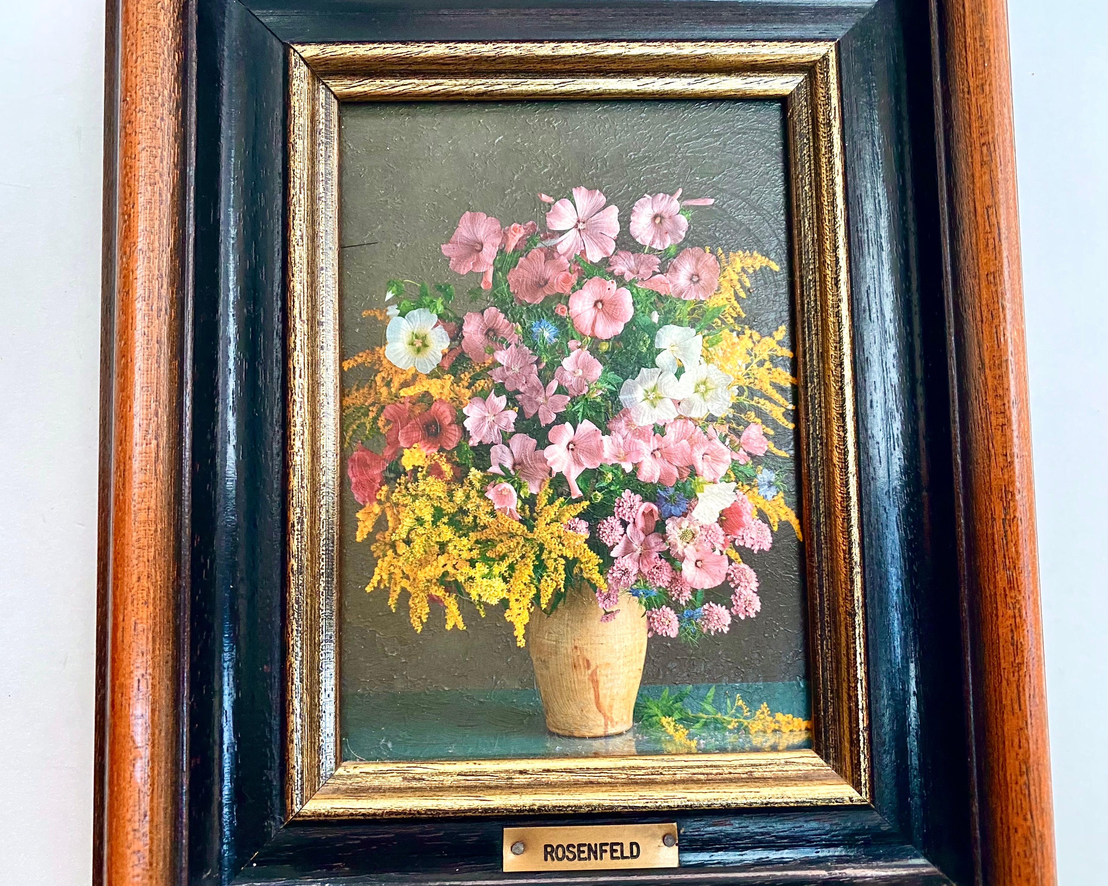 Bois Nature morte aux fleurs vibrantes Peinture encadrée sur toile Vintage, Allemagne en vente