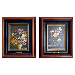 Vibrant Flowers Still Life Framed Painting on Canvas Antique, Germany