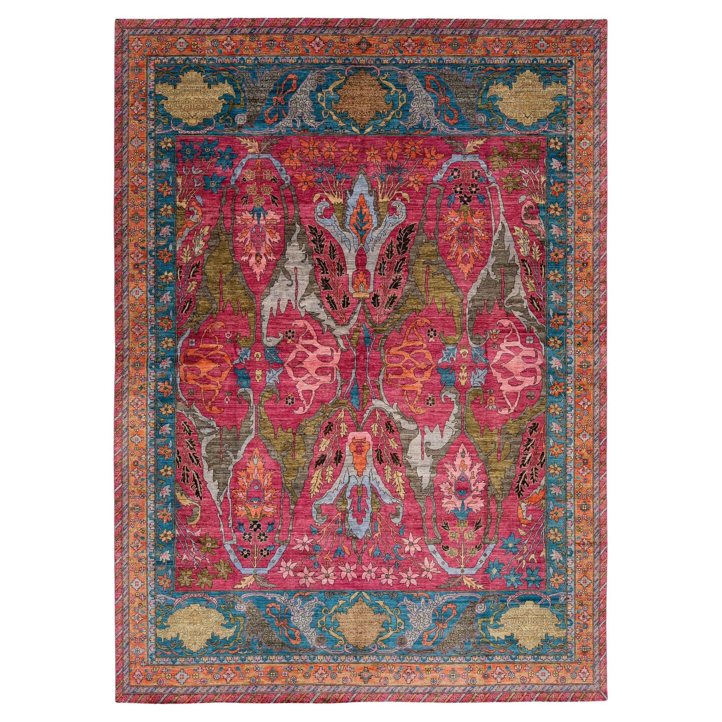 Lebendige Fuchsia & Teal Moderne Bidjar Stil Wolle Teppich mit botanischen Motiven 10x14
