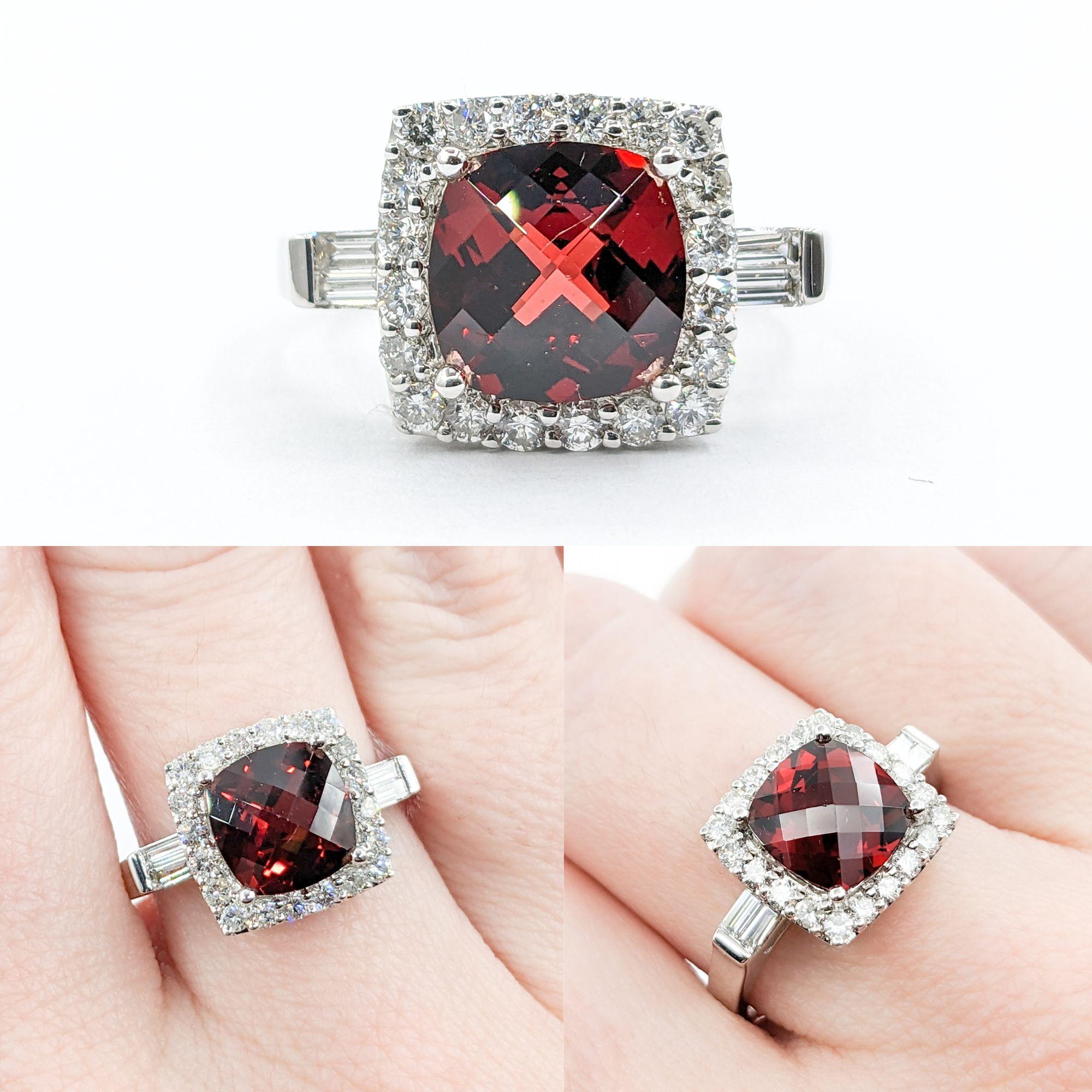 Vibrant Garnet & Diamond Cocktail Ring in 18k White Gold

Intricately crafted in 18k white gold, this Garnet ring is a celebration of color. The centerpiece of this magnificent ring is a 3.0ct cushion-cut garnet with a deep red color. In addition to