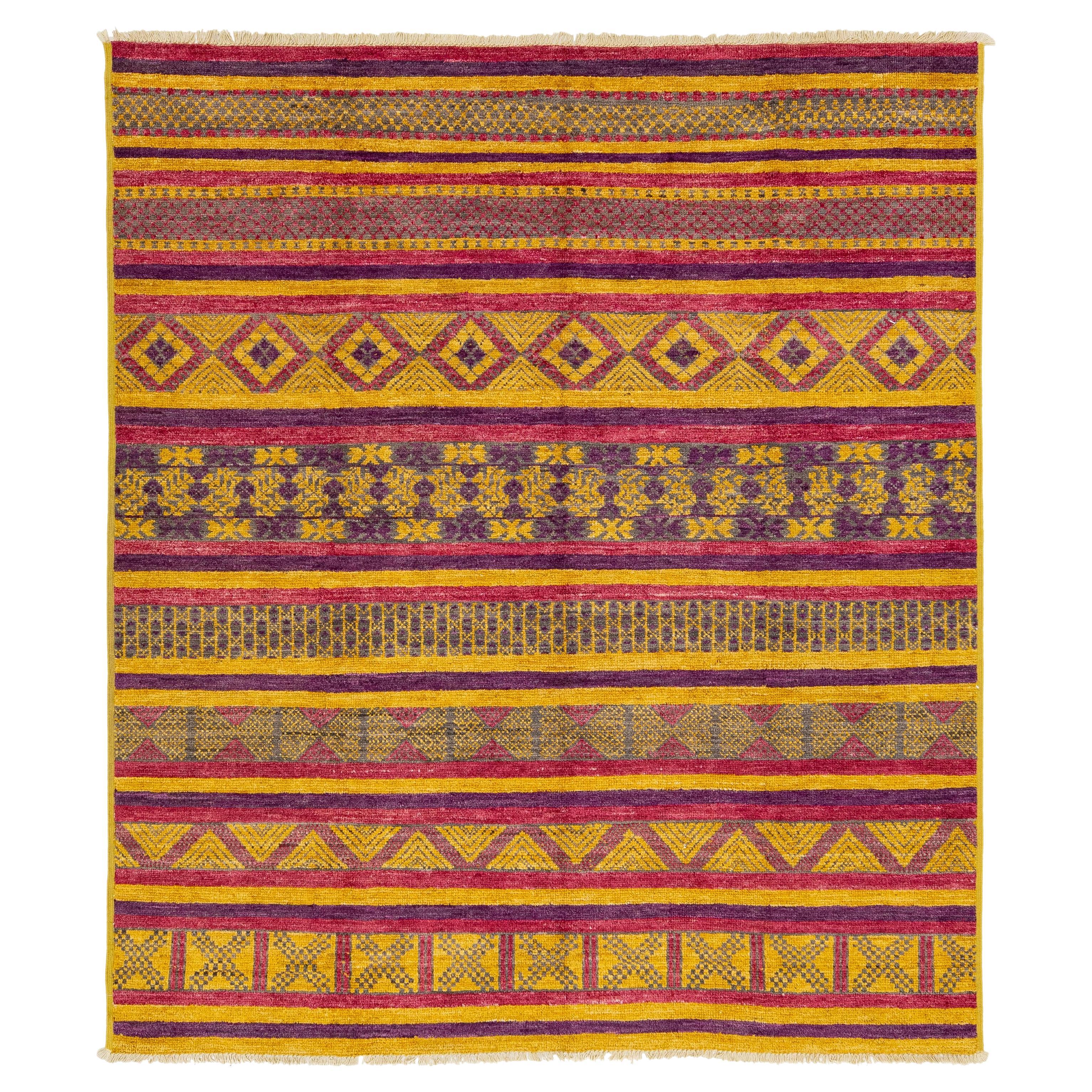 Vibrant Geometric Modern Moroccan Tribal Wool Area Rug - Magenta, Gold & Plum For Sale