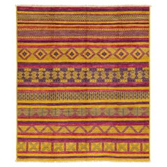 Vibrant Geometric Modern Moroccan Tribal Wool Area Rug - Magenta, Gold & Plum