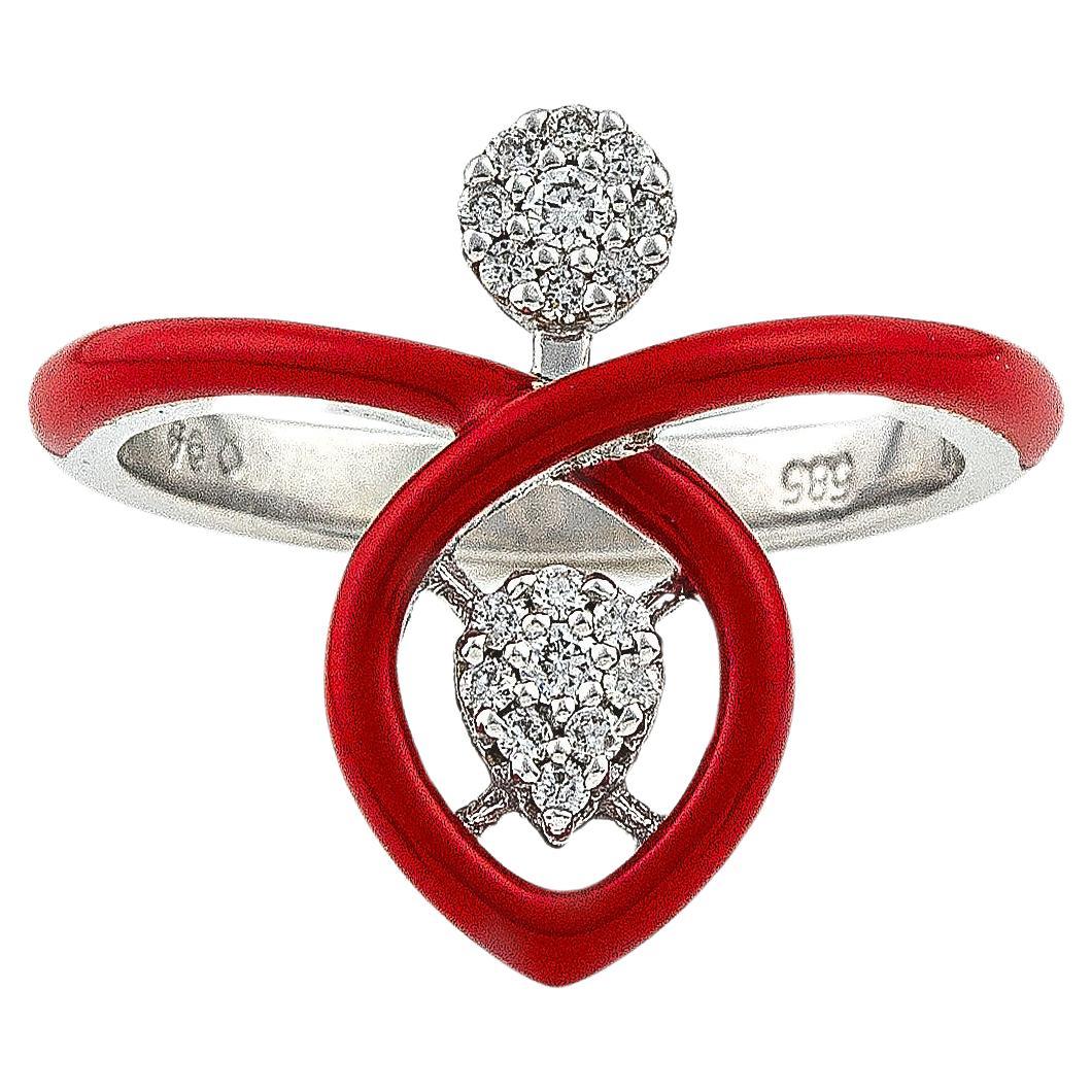 Vibrant Gold Ring with Diamonds and Red Enamel For Sale