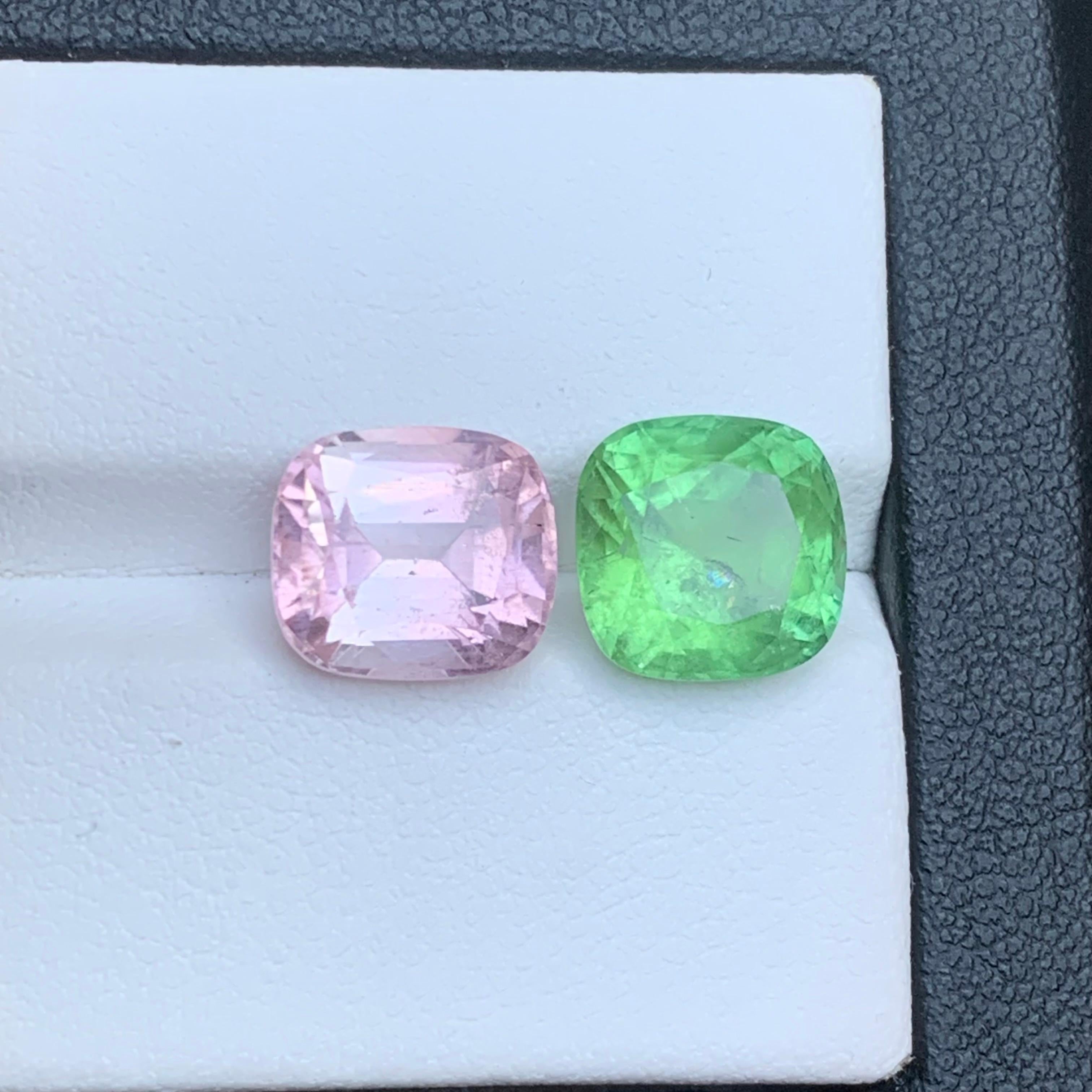 Contemporary Vibrant Green & Baby Pink Natural Tourmaline Loose Gemstones 8.25 Ct Cushion Cut For Sale