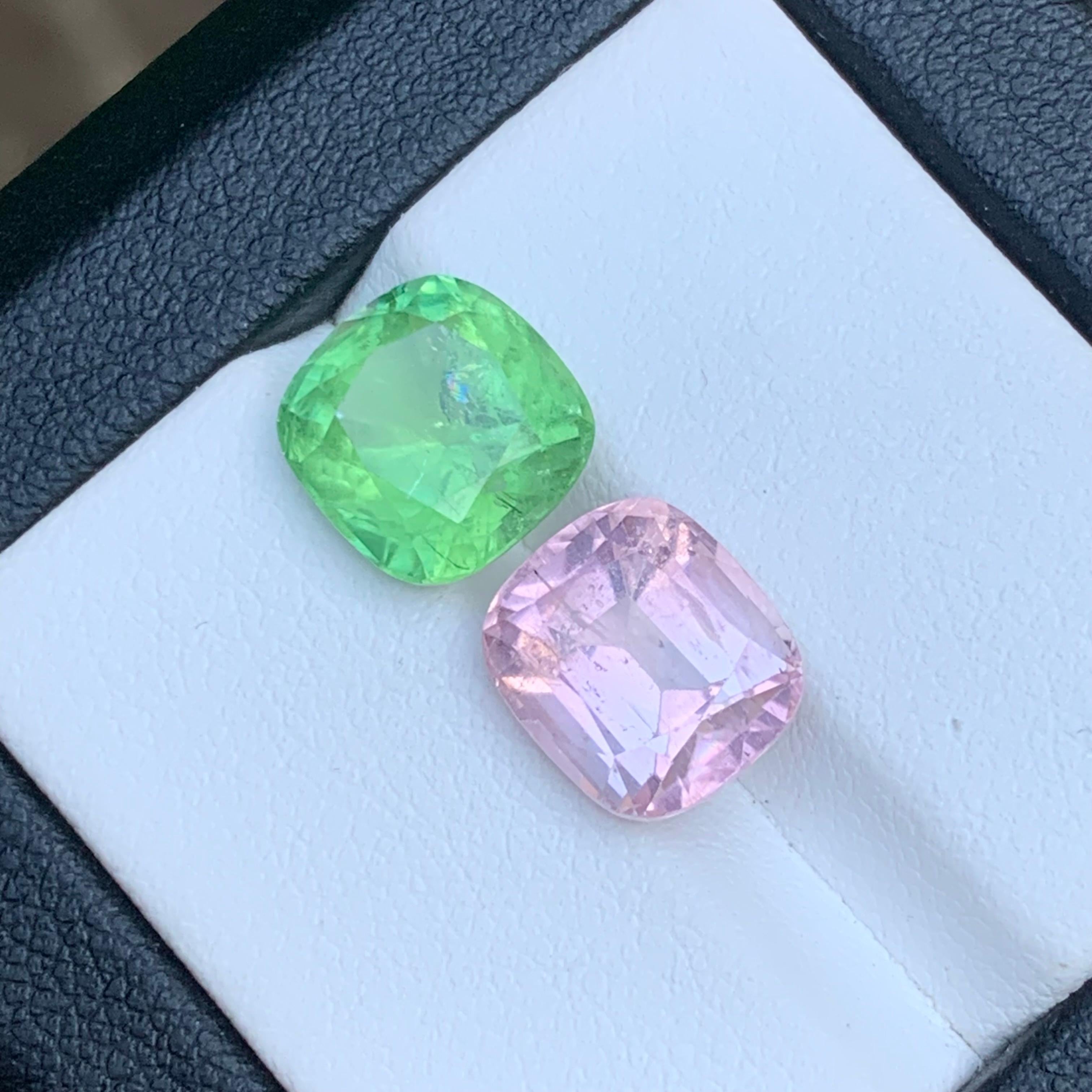 Women's or Men's Vibrant Green & Baby Pink Natural Tourmaline Loose Gemstones 8.25 Ct Cushion Cut For Sale