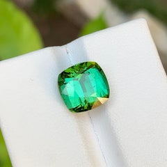 Vibrant Green Bluish Hue Natural Tourmaline Gemstone 5.45 Ct Cushion Cut  Ring