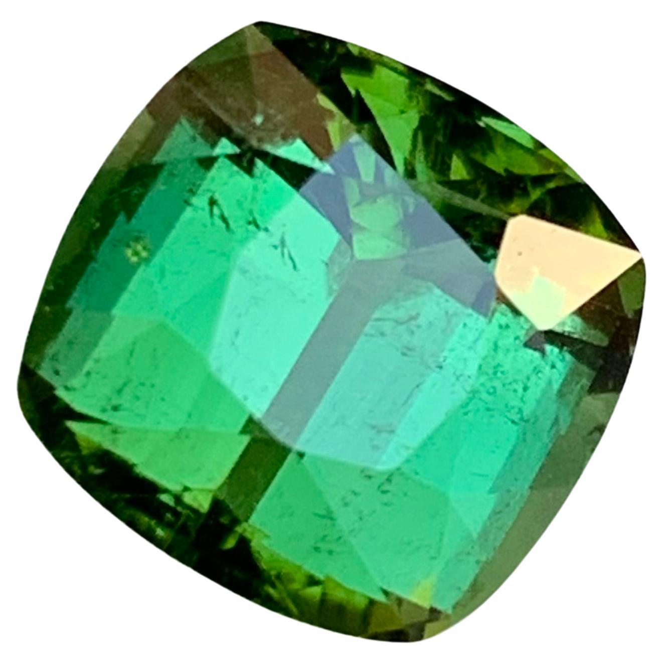 Vibrant Green Bluish Hue Natural Tourmaline Gemstone 5.45 Ct Cushion Cut  Ring